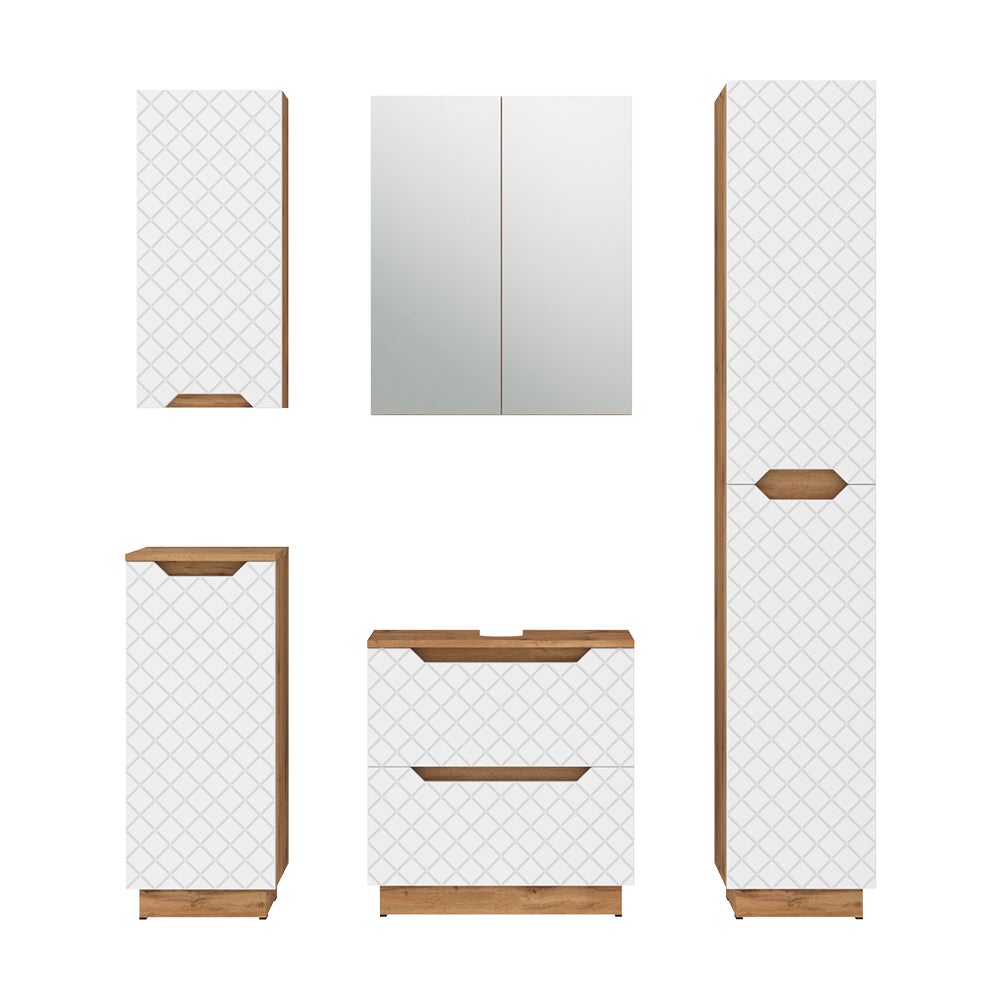 Vicco Zestaw mebli łazienkowych Lotta, Dąb/biały ze strukturą płytek, 5 części