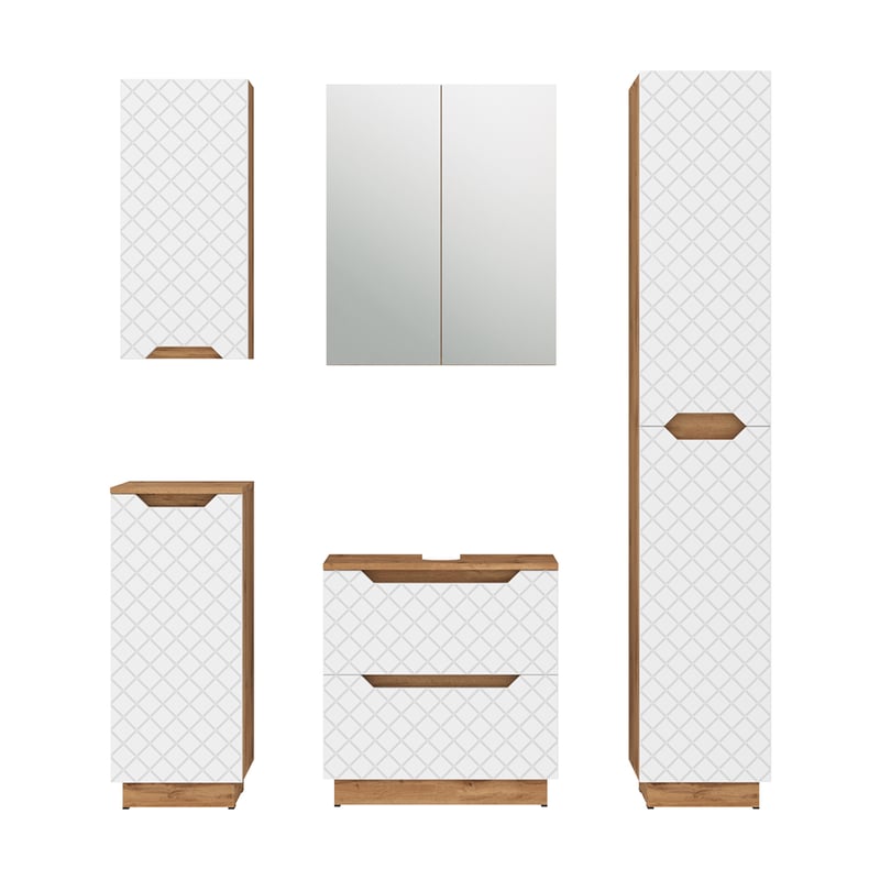 Vicco Zestaw mebli łazienkowych Lotta, Dąb/biały ze strukturą płytek, 5 części