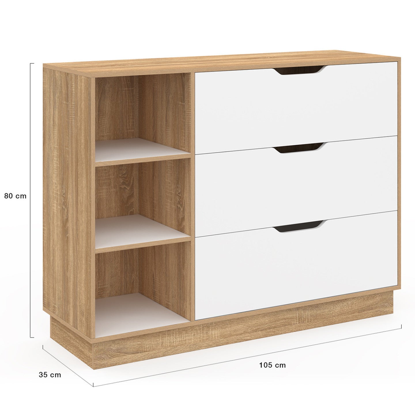 Commode 3 tiroirs et 3 niches OXANA hêtre et blanc - 5