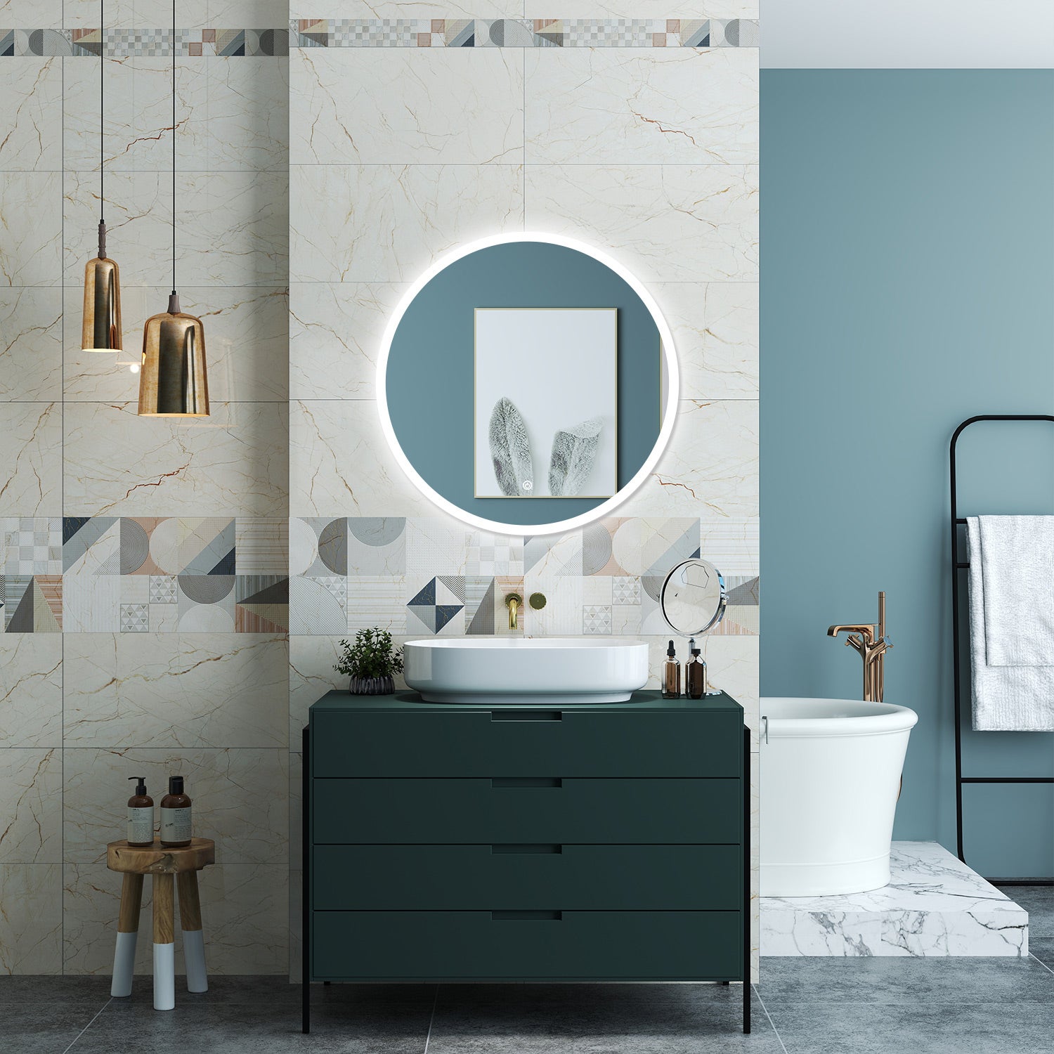 ELEGANT Specchio Da Bagno LED 600x500mm Con Luci, Touch Sensor, Antiappannamento, Dimmerabile 3 Colori, Montaggio Orizzontale/Verticale, IP44
