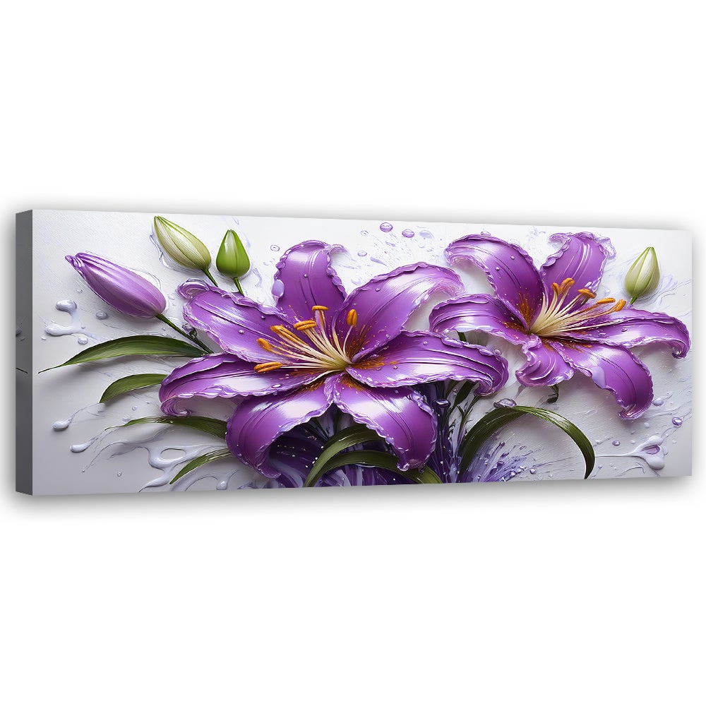Obraz na płótnie, Kwiaty Fioletowe Lilie Krople wody 150x50