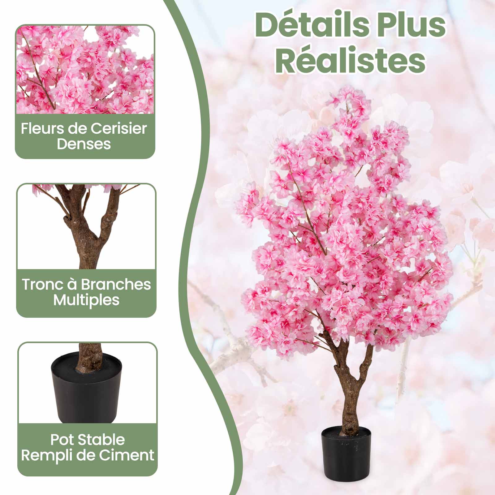 Plante Artificielle en Pot Remplies de Ciment 120CM, Fausse Cerisier avec 900 Fleurs Roses Tronc en Polyéthylène Multi-Branches, pour Salon Balcon - 9