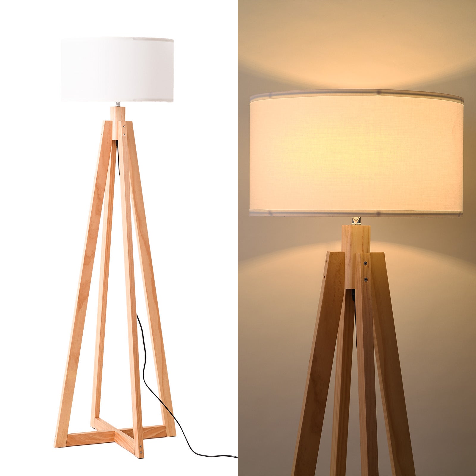 Lámpara de Pie "YUNA" de Madera con Pantalla Blanca, Estilo Nórdico ...