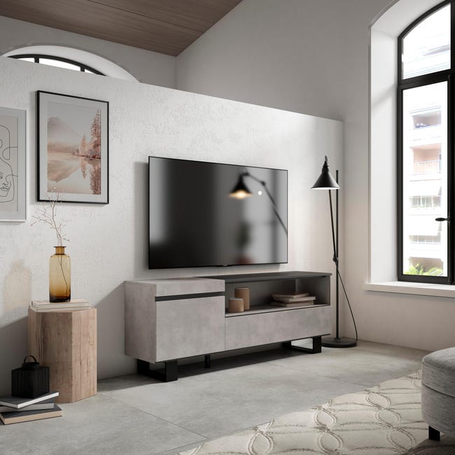 Meuble TV, Banc Télé, 150x35x57cm, Pour les TV jusqu'à 65, Design industriel, Gris Ciment et Noir | Leroy Merlin Meuble TV, Banc Télé, 150x35x57cm, Pour les TV jusqu'à 65, Design industriel, Gris Ciment et Noir | Leroy Merlin