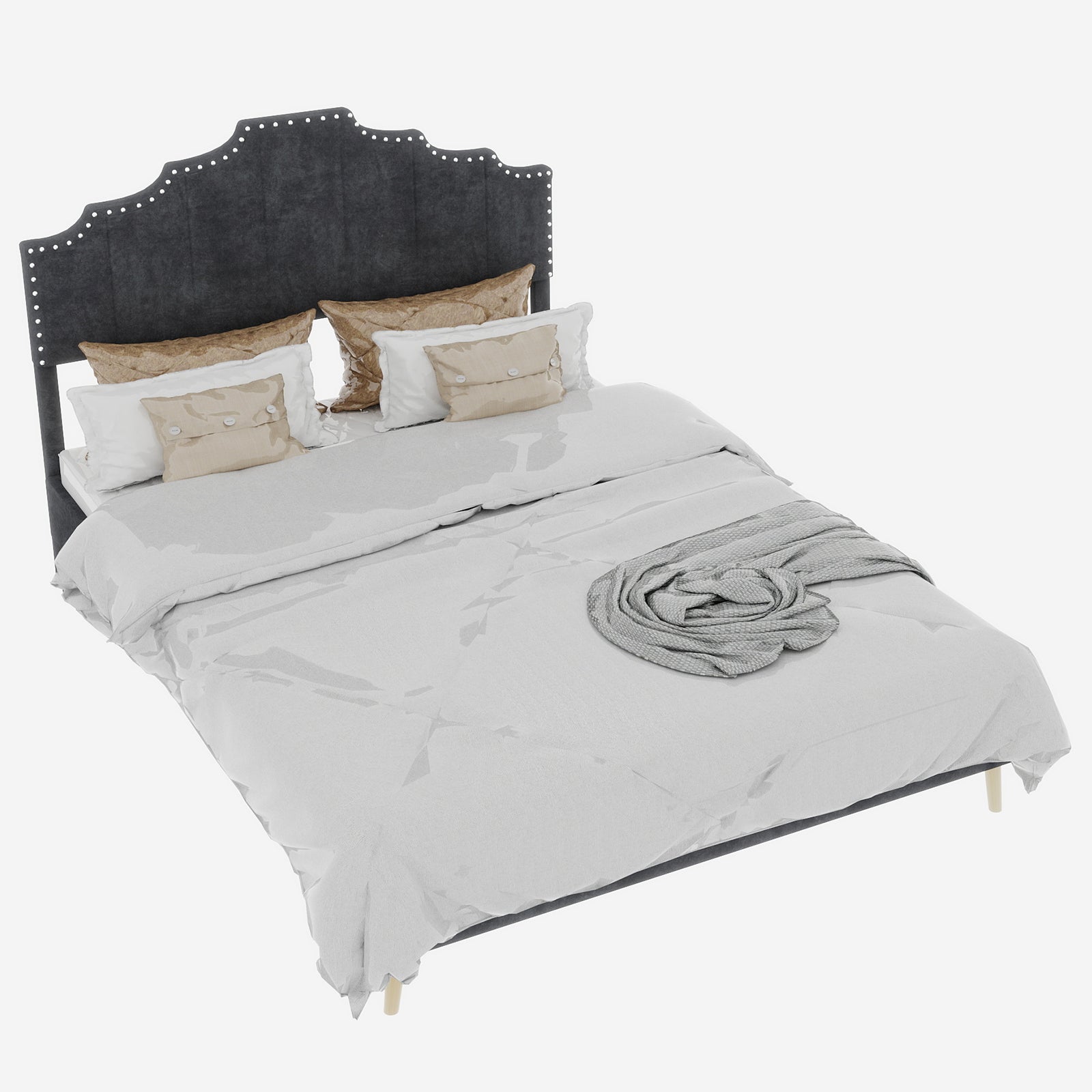 Letto matrimoniale 140x200 cm, con testiera, doghe in legno, grigio metallo, senza materasso - 5