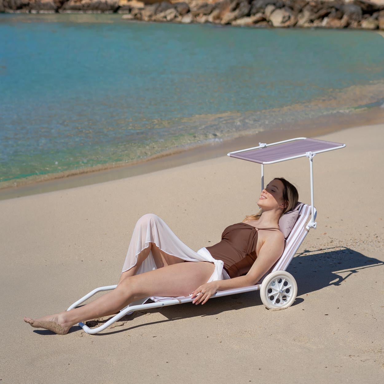 Flamingueo Chaise De Plage Transat Pliable Avec Parasol Polyester Beige - 2
