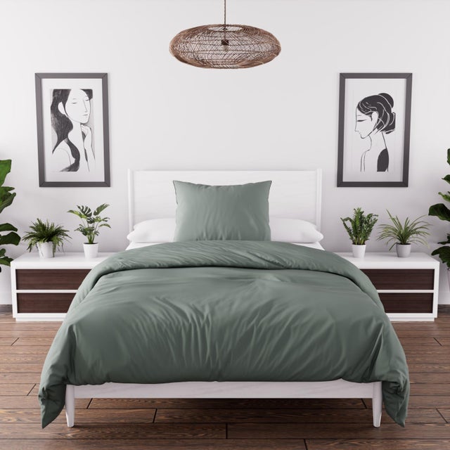 Parure housse de couette en microfibre lavée 140x200 cm BOHEME vert kaki, par Soleil d'Ocre