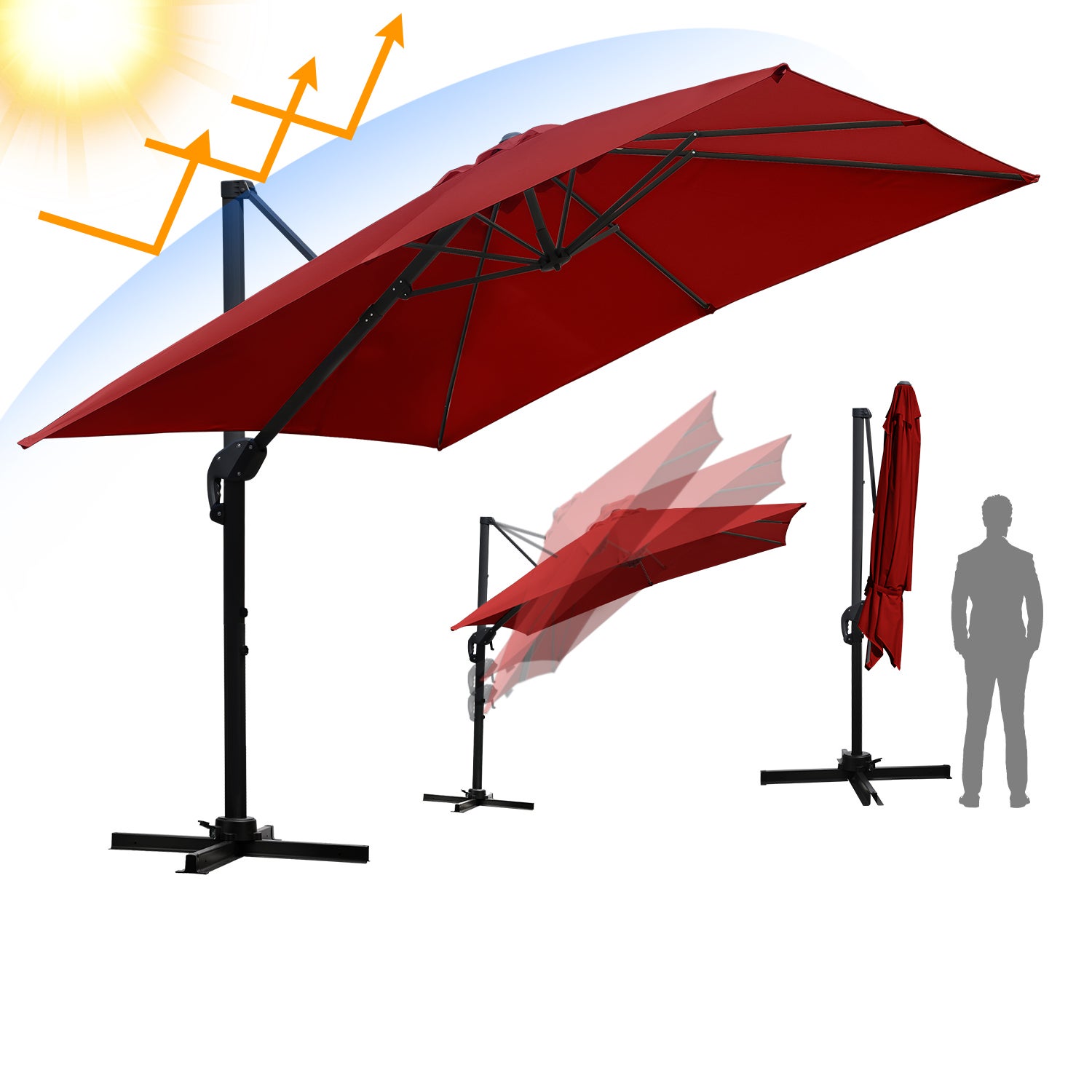 Parasol obrotowy o średnicy 3 m, odchylany, obrót 360°, parasol rynkowy, czerwony