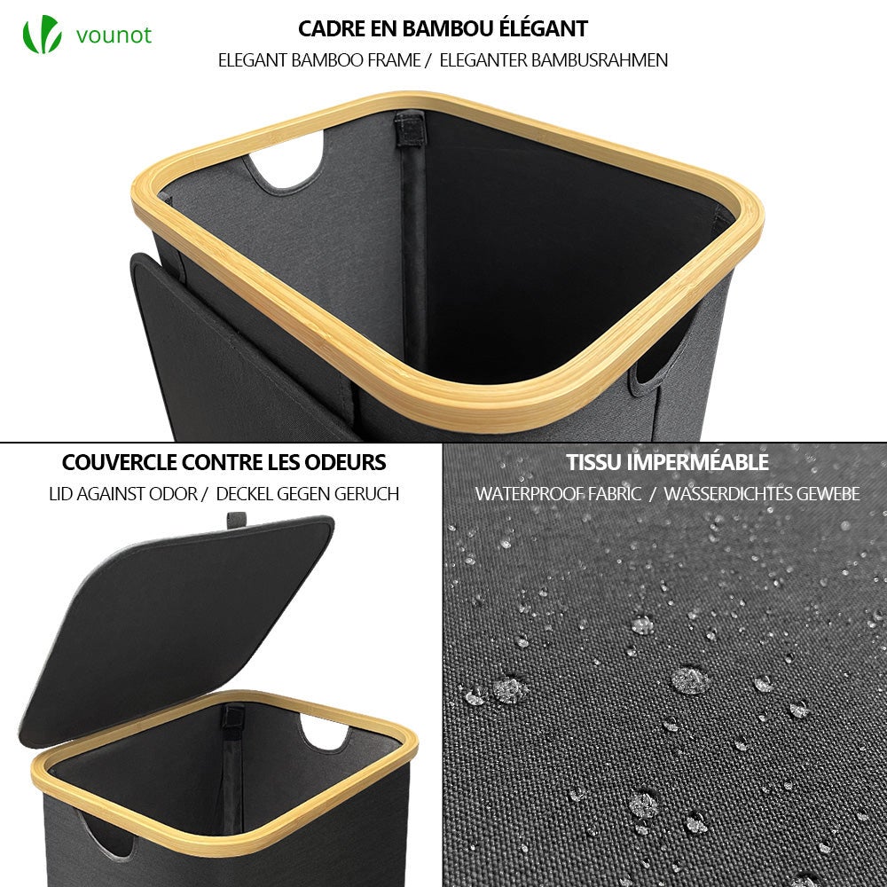 Fulasofia Panier à Linge 110L Avec Couvercle - Sac Amovible Lavable, Poignées Bambou, Pliable, Noir