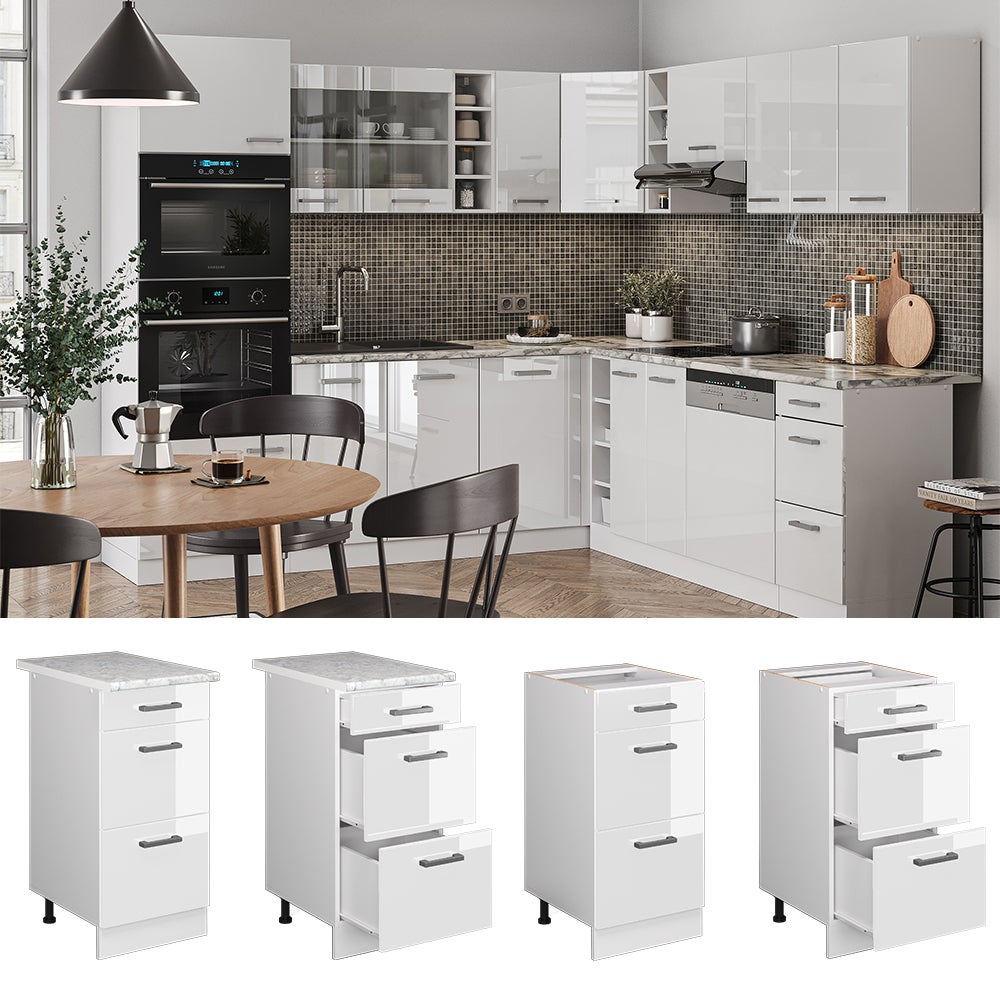 Vicco Meuble cuisine R-Line, Blanc Haute brillance, 40cm avec tiroirs, sans PT - 2