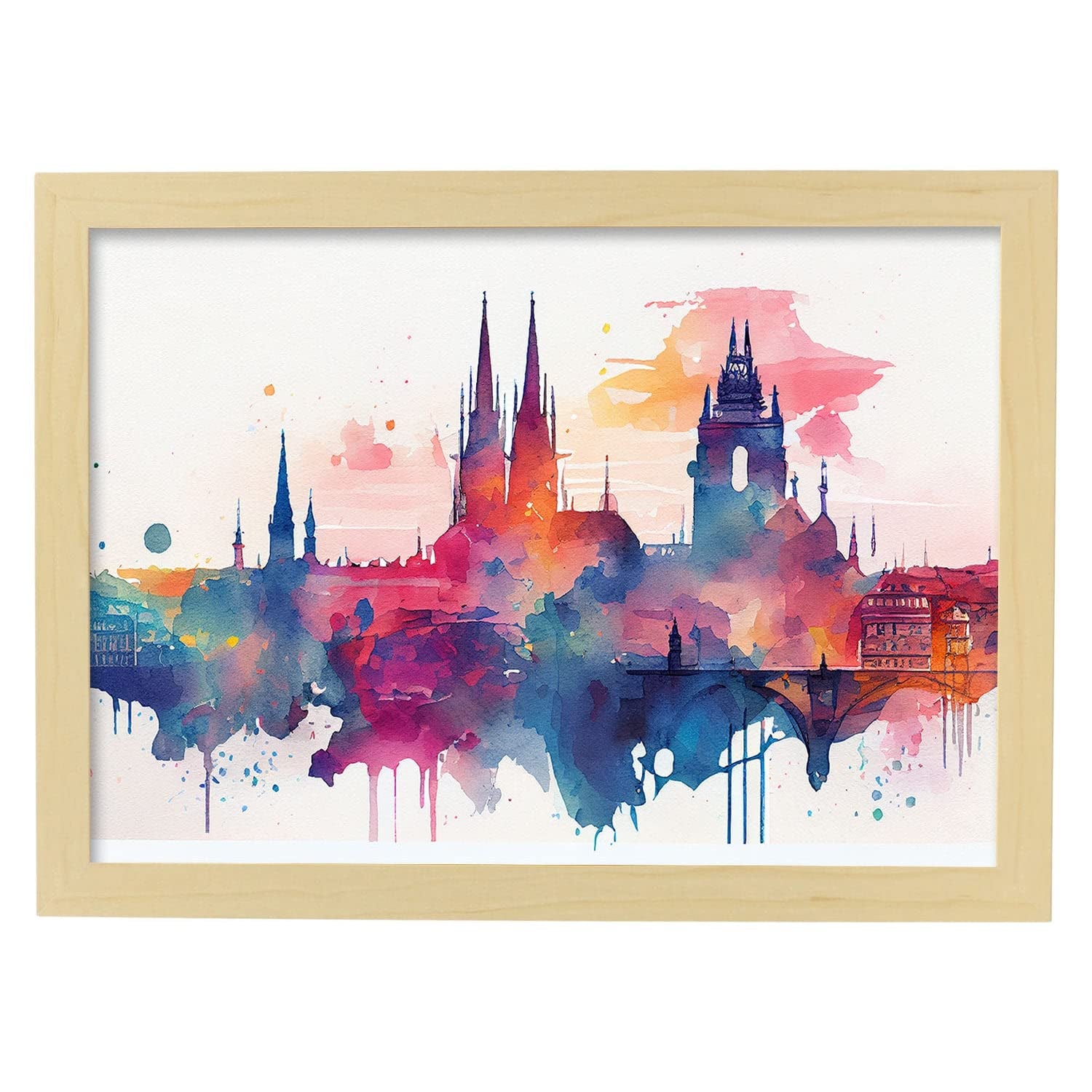 Nacnic poster de praga en estilo acuarela ilustraciones a todo color de ciudades y monumentos del mundo y modelo 1 a3 con marco color madera