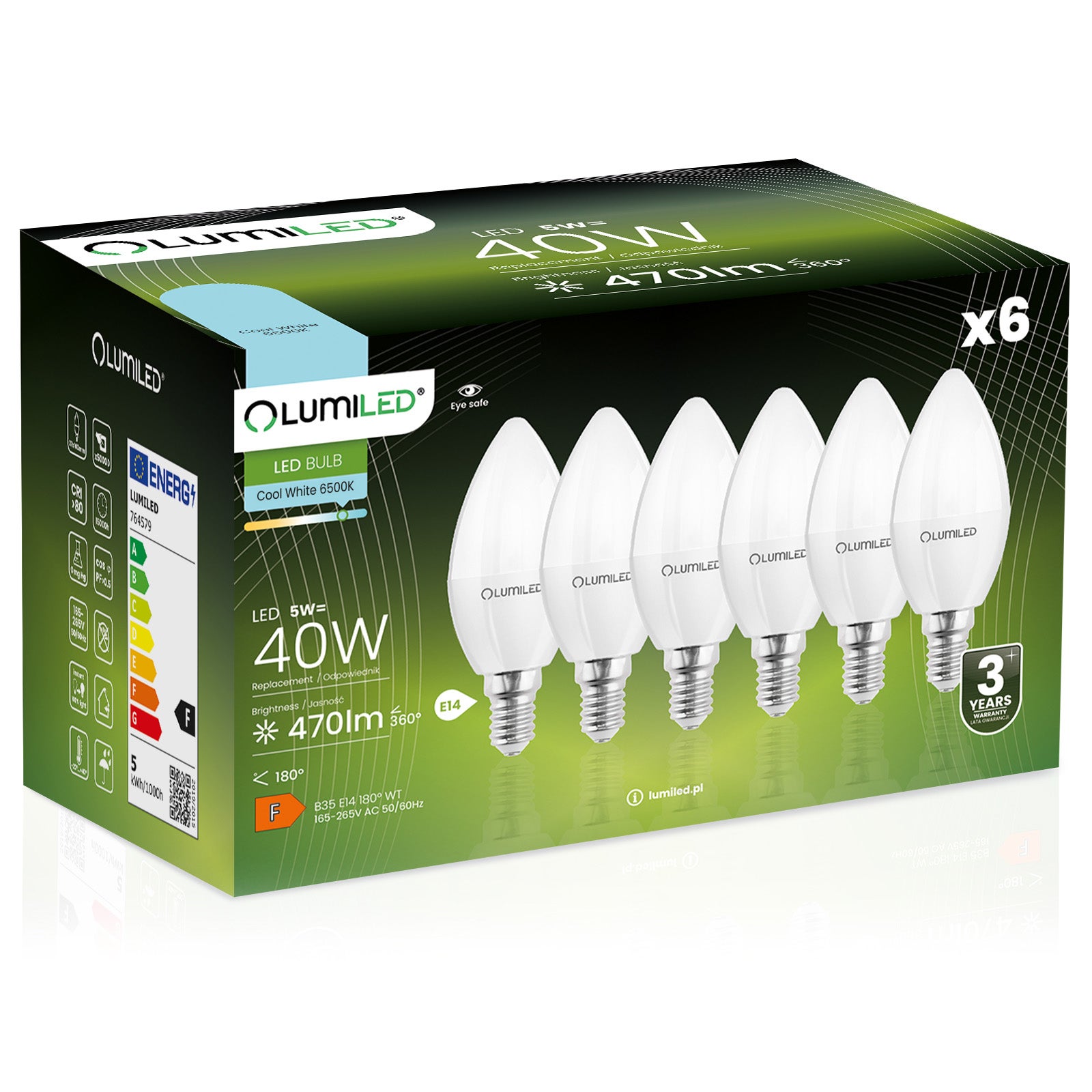 6x Żarówka Lumiled LED E14 Świeczka B35 5W = 40W 470lm 6500K Zimna 180st