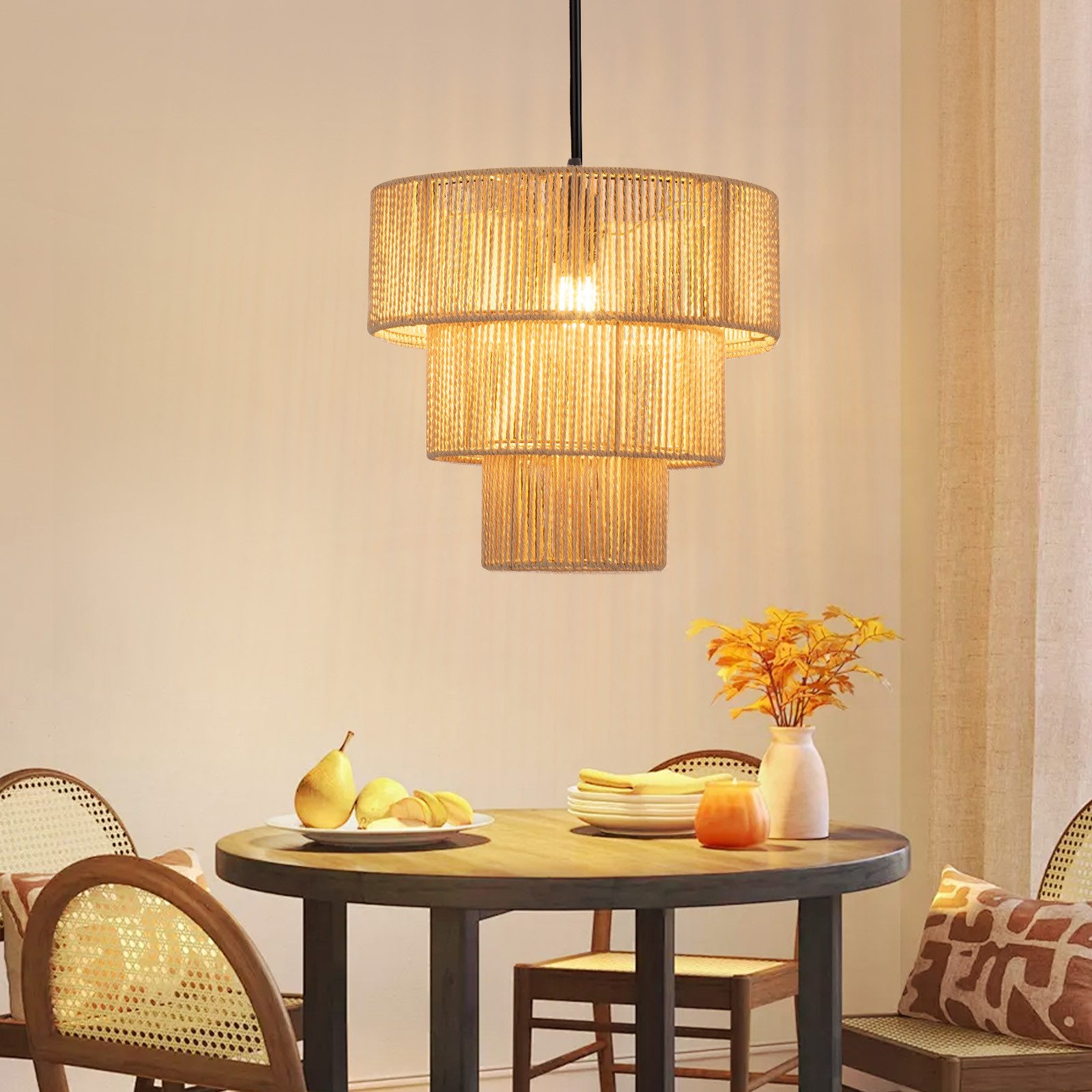 ZMH Beżowa lampa wisząca do jadalni z 1 źródłem światła, lampa wisząca z rattanu w stylu boho do baru/restauracji
