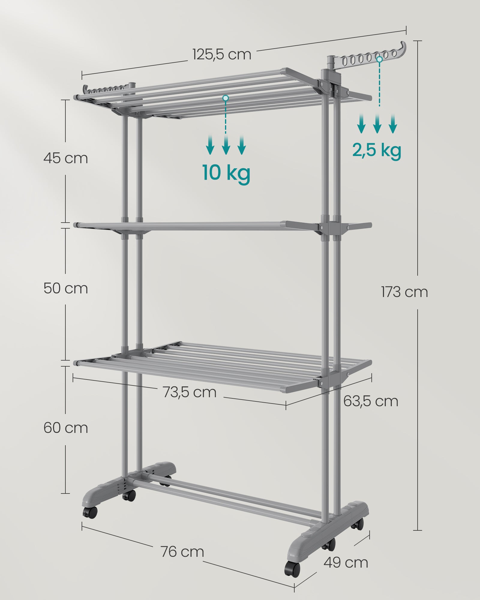 Stendibiancheria, Stendino Pieghevole a 4 Livelli con Ruote e Ali Richiudibili, 63,5 x 125,5 x 173 cm, Grigio - 6