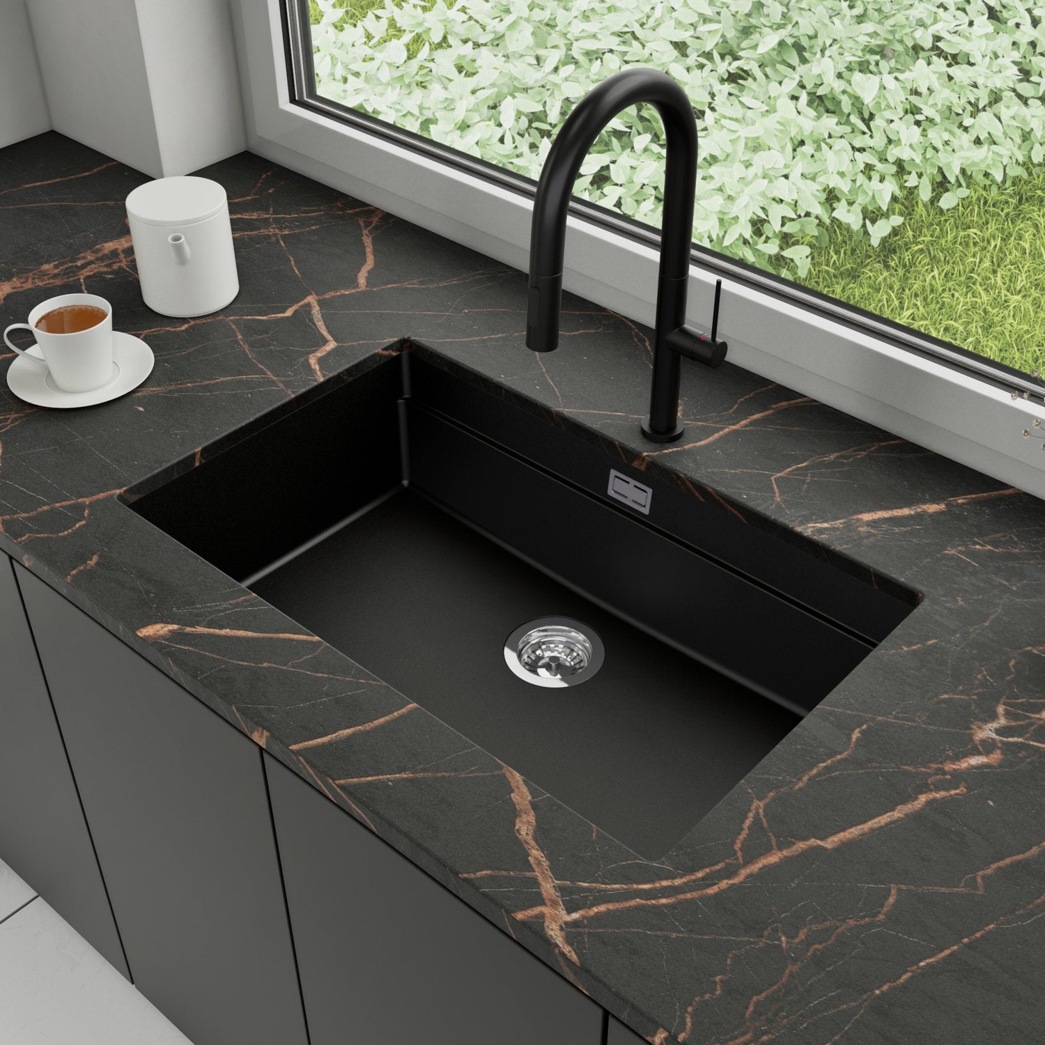 Zlewozmywak podblatowy 76x47cm, do szafki od 80cm + Bateria + Syfon - Coral Czarny STONESTYLE
