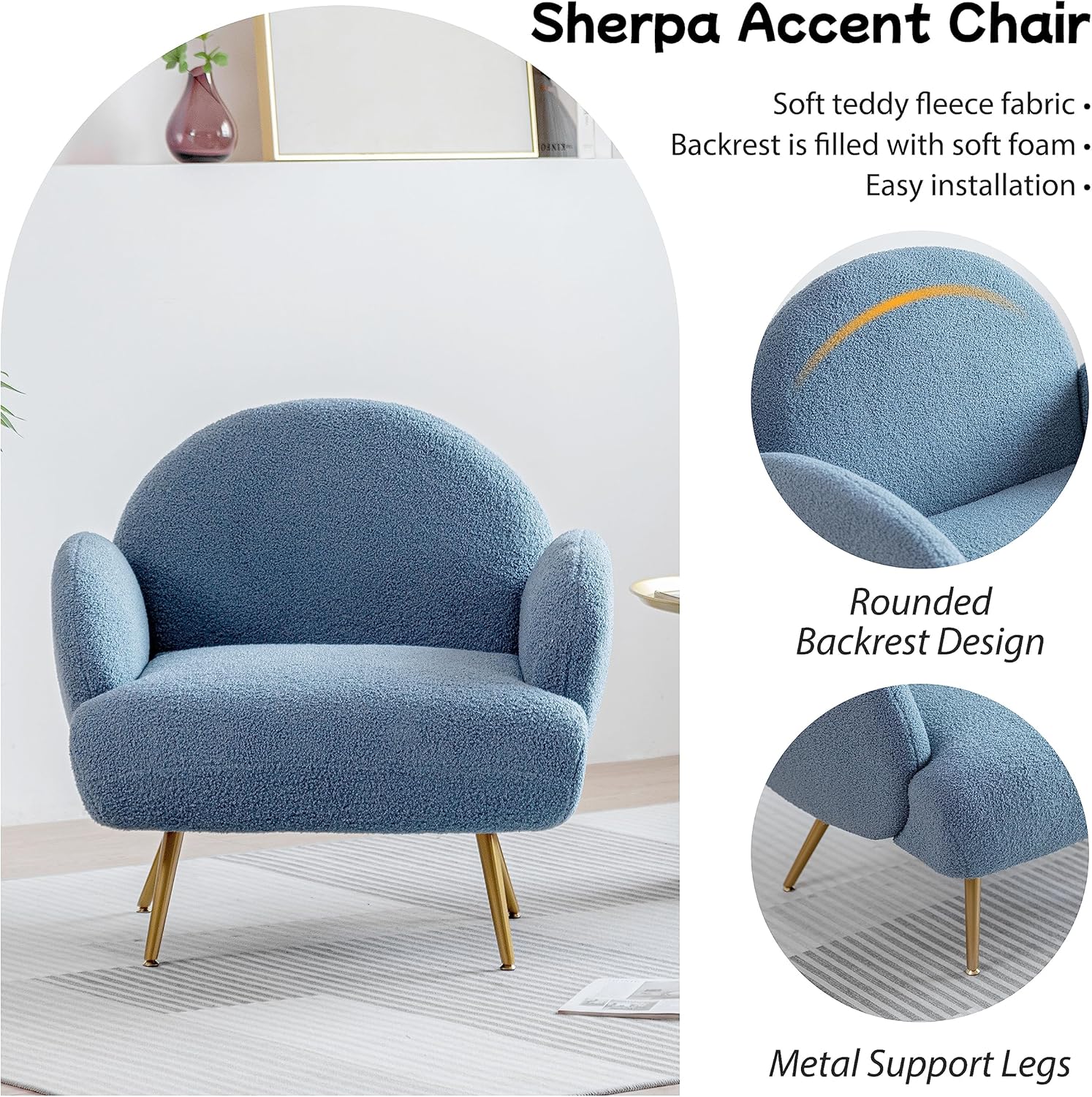 Fauteuil Moderne Décontracté avec Pieds en Métal Noir et Dossier Fauteuil Simple Confortable pour Salon/Chambre/Club, Bleu - 5