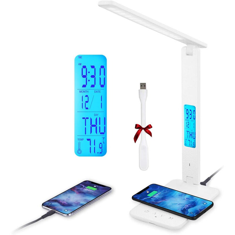 Lampa biurkowa LED z ładowaniem bezprzewodowym regulowana lampa stołowa z dotykowym sterowaniem ładowanie USB tryby oświetlenia wyświetlacz LCD