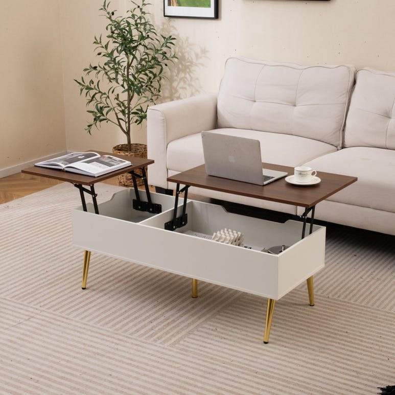 Mesa De Centro Elevable - Tablero Ajustable, Almacenamiento Oculto, Patas De Metal