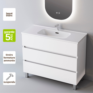 Meuble de salle de bain plan vasque Céramique, 3 Tiroirs,l80xh90xp45, Laqué Blanc Brillant, ATRANI