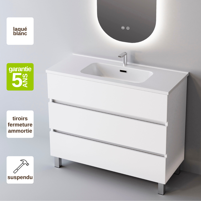 Meuble salle de bain ATRANI 80cm – Plan vasque Solid surface, 3 tiroirs, finition Blanc Brillant, H 90 cm x P 45cm