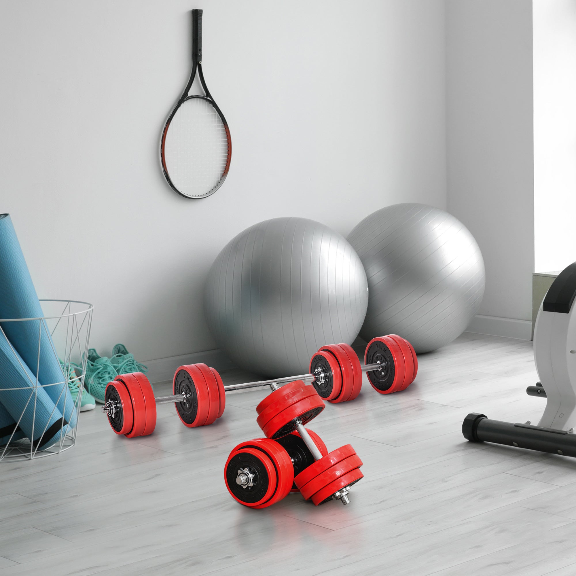 Conjunto de halteres 30kg ajustáveis 2 em 1 com barras e extensor para treinamento de força levantamento de pesos para casa academia preto e vermelho - 2