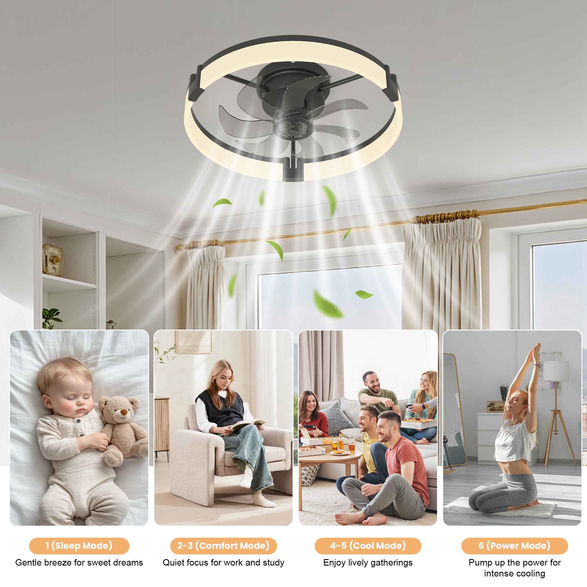Ventilateur de plafond LED 50cm avec télécommande & APP, 6 vitesses, dimmable 3000-6500K, silencieux 30dB, chambre salon - 8