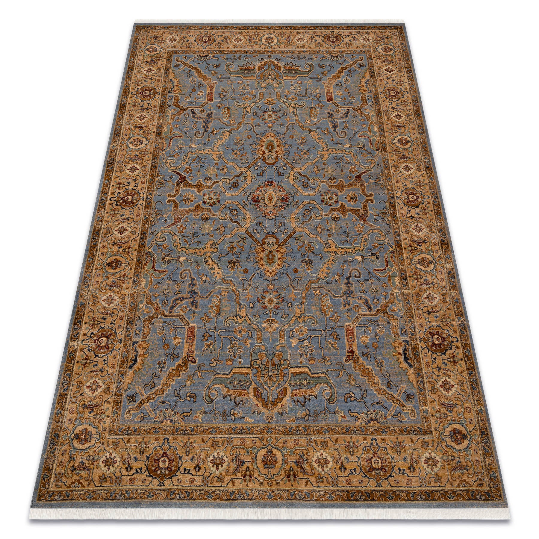 Dywan wełniany KESHAN Frędzle, Ramka orientalny 7875/53544 beż / niebieski 80x145 cm
