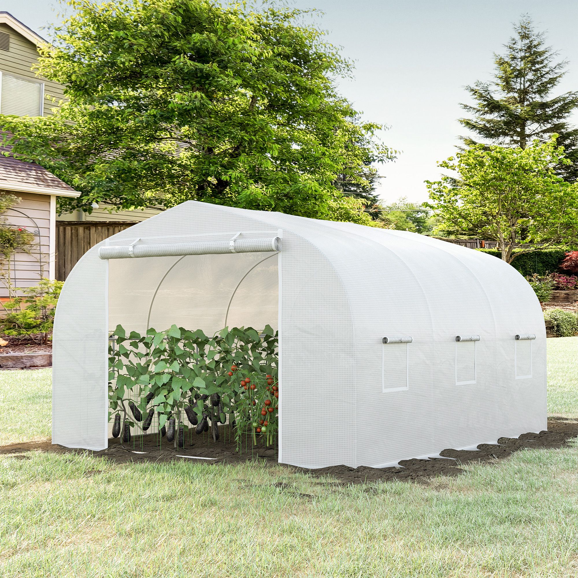 Serre de jardin serre tunnel de Jardin dim. 3,5L x 3l x 2H m Porte + 6 fenêtres enroulables Acier galvanisé bâche PE Haute densité Blanc - 4