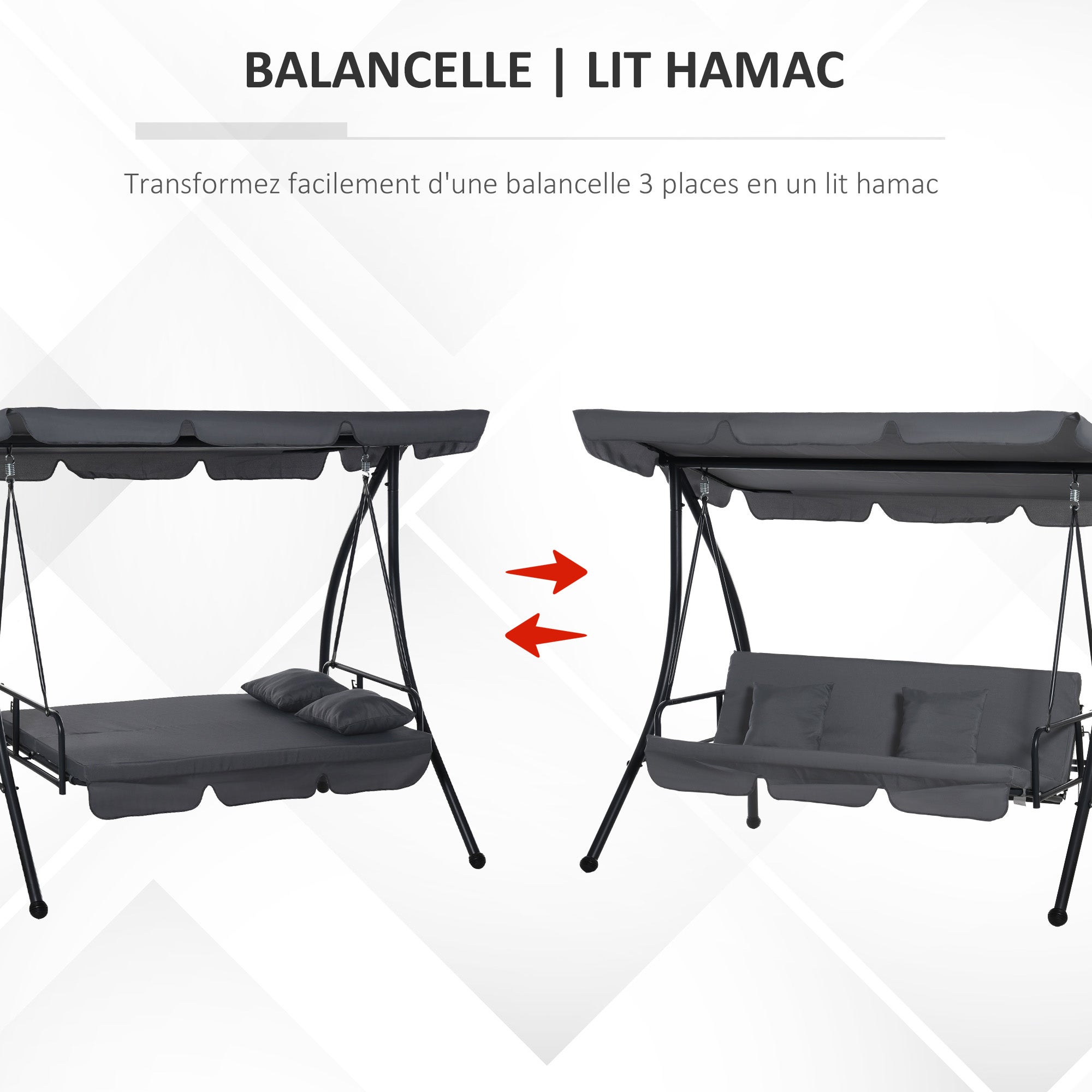 Balancelle de Jardin Convertible 3 Places Grand Confort Inclinaison Toit réglable Matelas fourni 2L x 1,25l x 1,7H m métal Polyester Noir Anthracite - 7