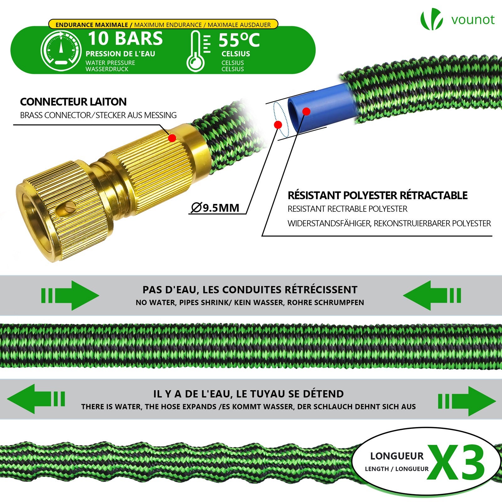 Tuyau d'arrosage extensible renforcé 30m vert - 10 modes - raccord et sac de rangement inclus - flexible, anti-fuite - VOUNOT® - 2