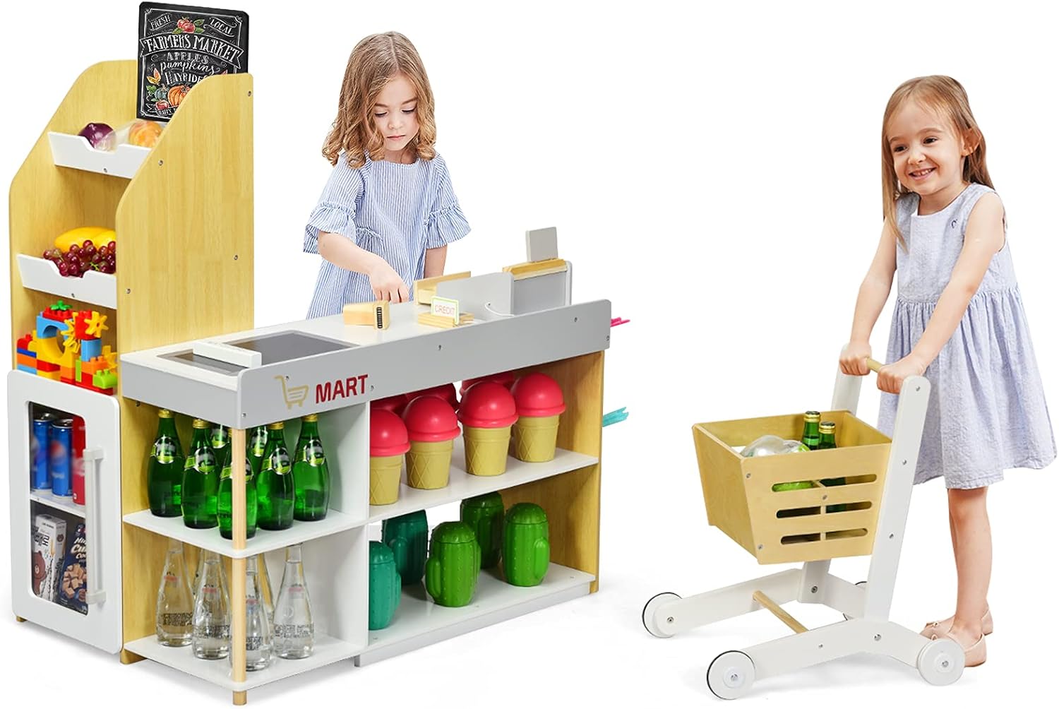 Zabawka dla Dzieci „Supermarket”, Zestaw Zabawek do Zakupów z Kasą i Wózkiem, Drewniana Zabawka do Odgrywania Ról Sprzedawcy