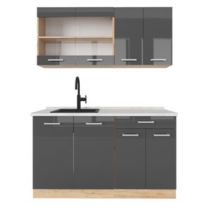 Cucina Monoblocco Vicco R-line 140cm - Bianco Lucido/Antracite, Piano Rovere - Foto 2