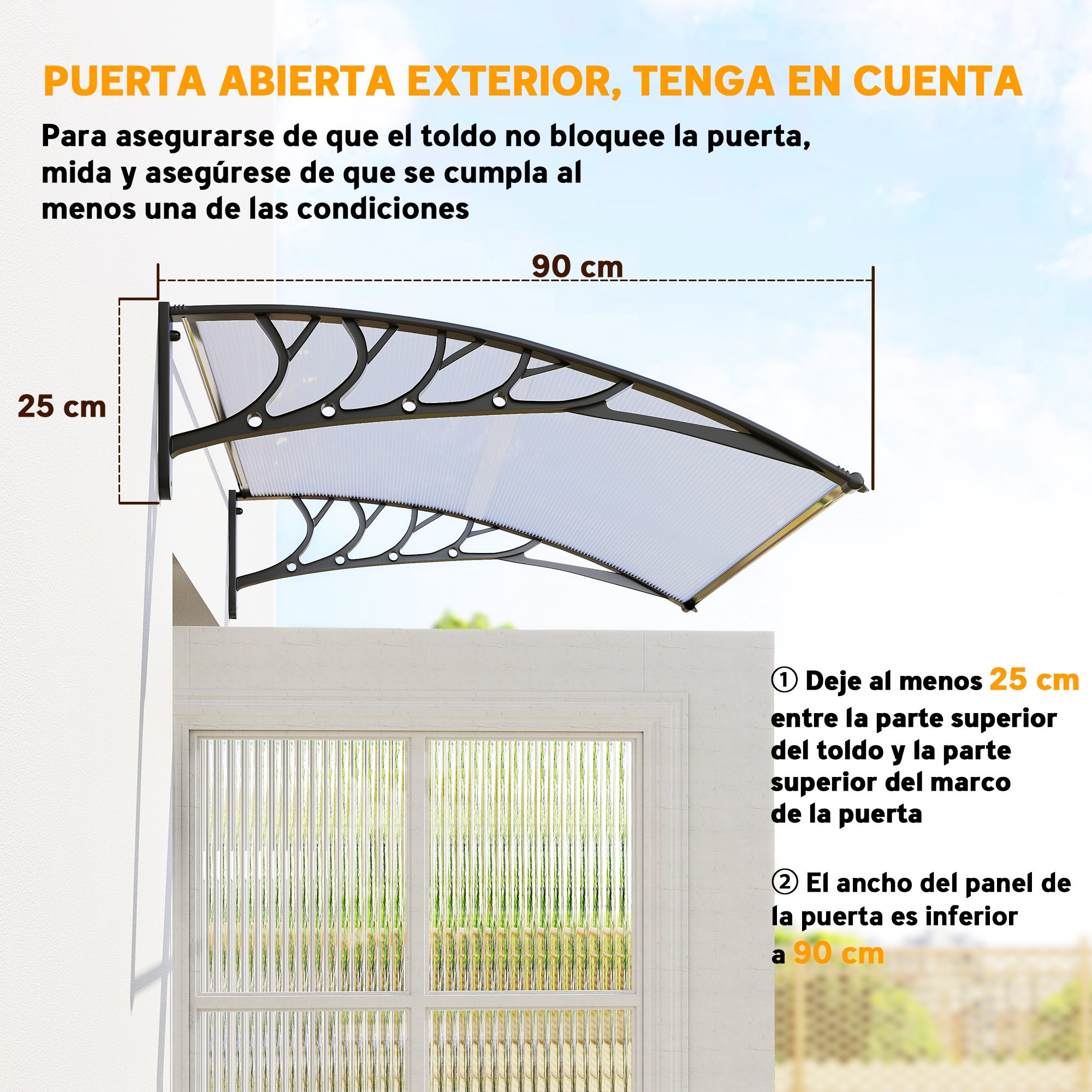 Marquise para Porta e Janela Outsunny Transparente e Preto Policarbonato, Alumínio e PP 150x90x25cm - 7