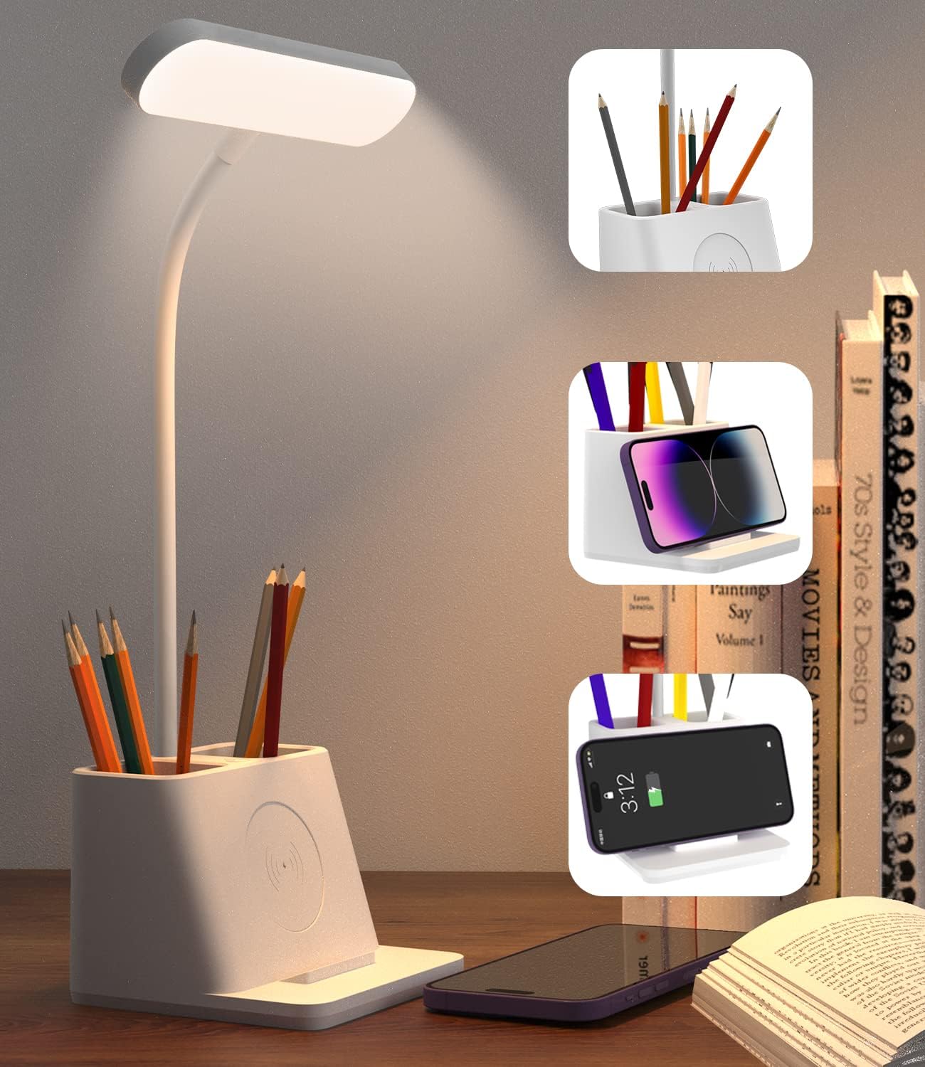 Biała lampa stołowa LED, ściemnialna, z uchwytem na telefon, trójkolorowe światło, lampka stołowa dla dzieci, dotykowa lampka nocna