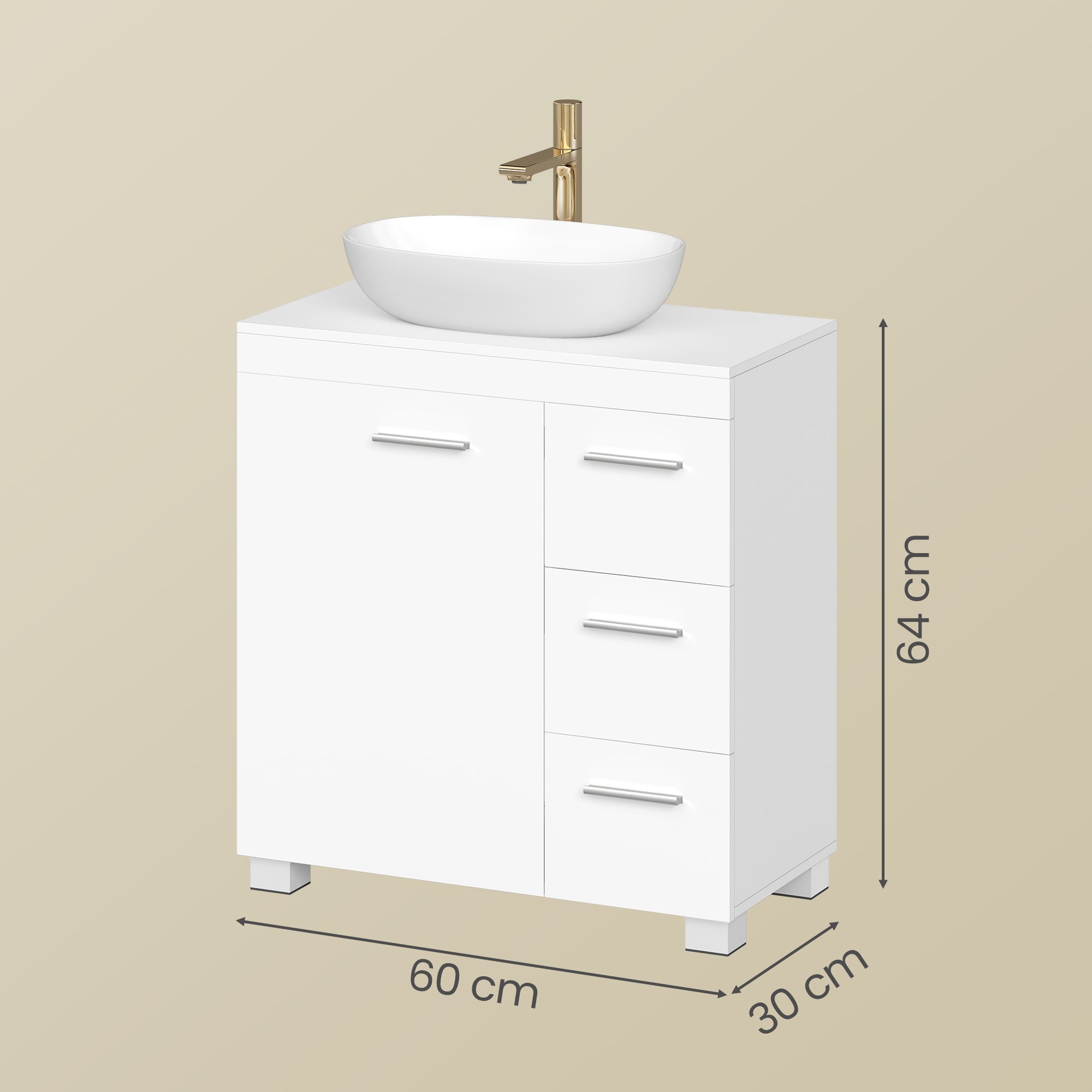 Armoire de Salle de Bain, Meuble Sous Lavabo avec Pieds, 2 Compartiments et 3 Tiroirs, Blanc - 5