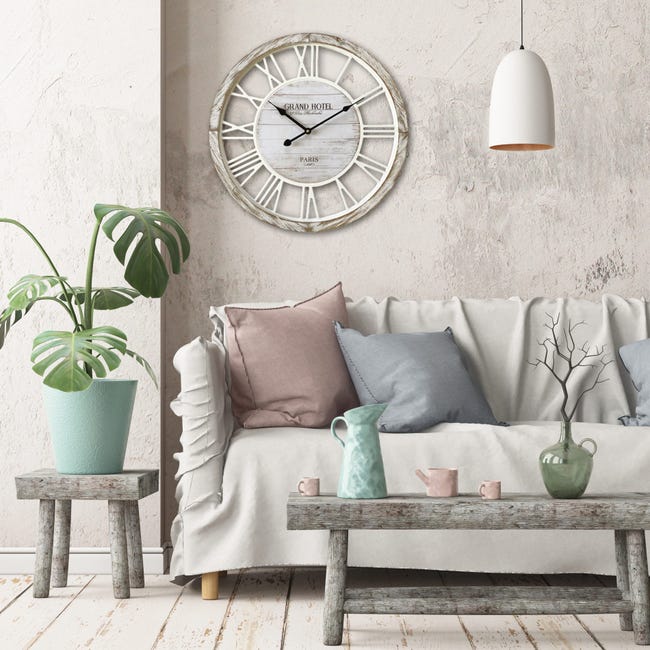 Rebecca Mobili Reloj de Pared Shabby Vintage Madera Blanco 50x50x4