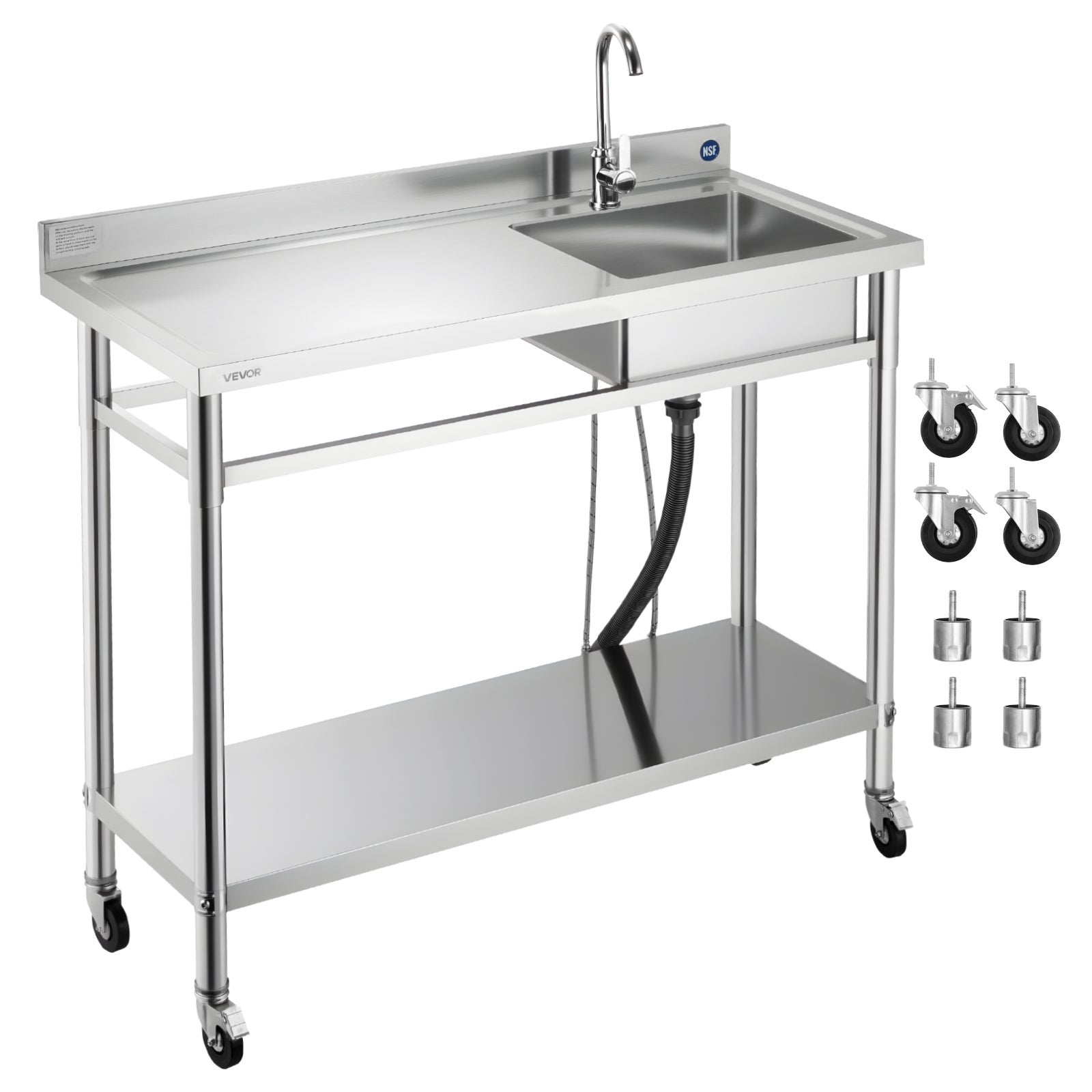Zlew gastronomiczny VEVOR 120x50 cm stal nierdzewna z półką kran ciepła zimna woda mobilny kuchnia zewnętrzna