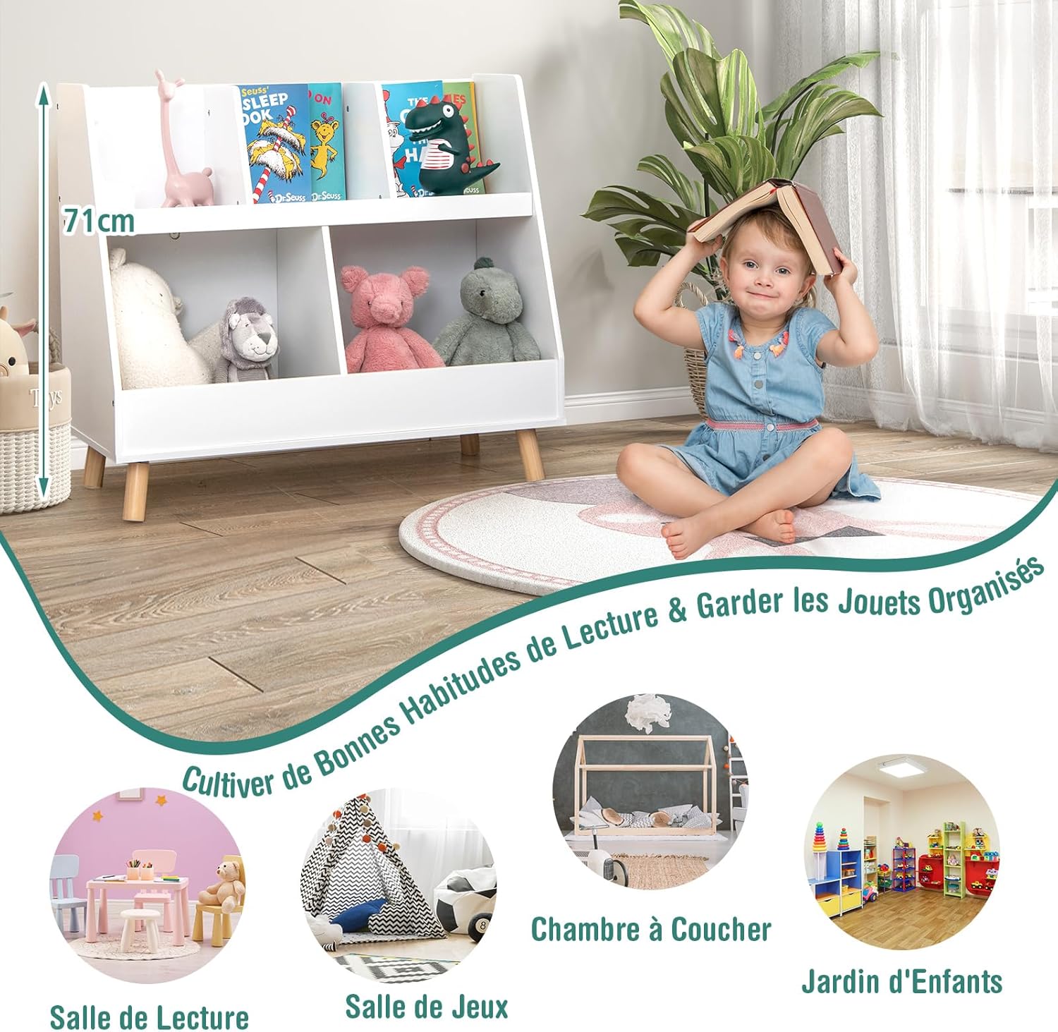 Libreria per Bambini a 5 Cubi, Scaffale Portagiochi a 2 Livelli con Gambe in Legno e Kit Antiribaltamento, per Stanza dei Giochi Camera da Let - 6