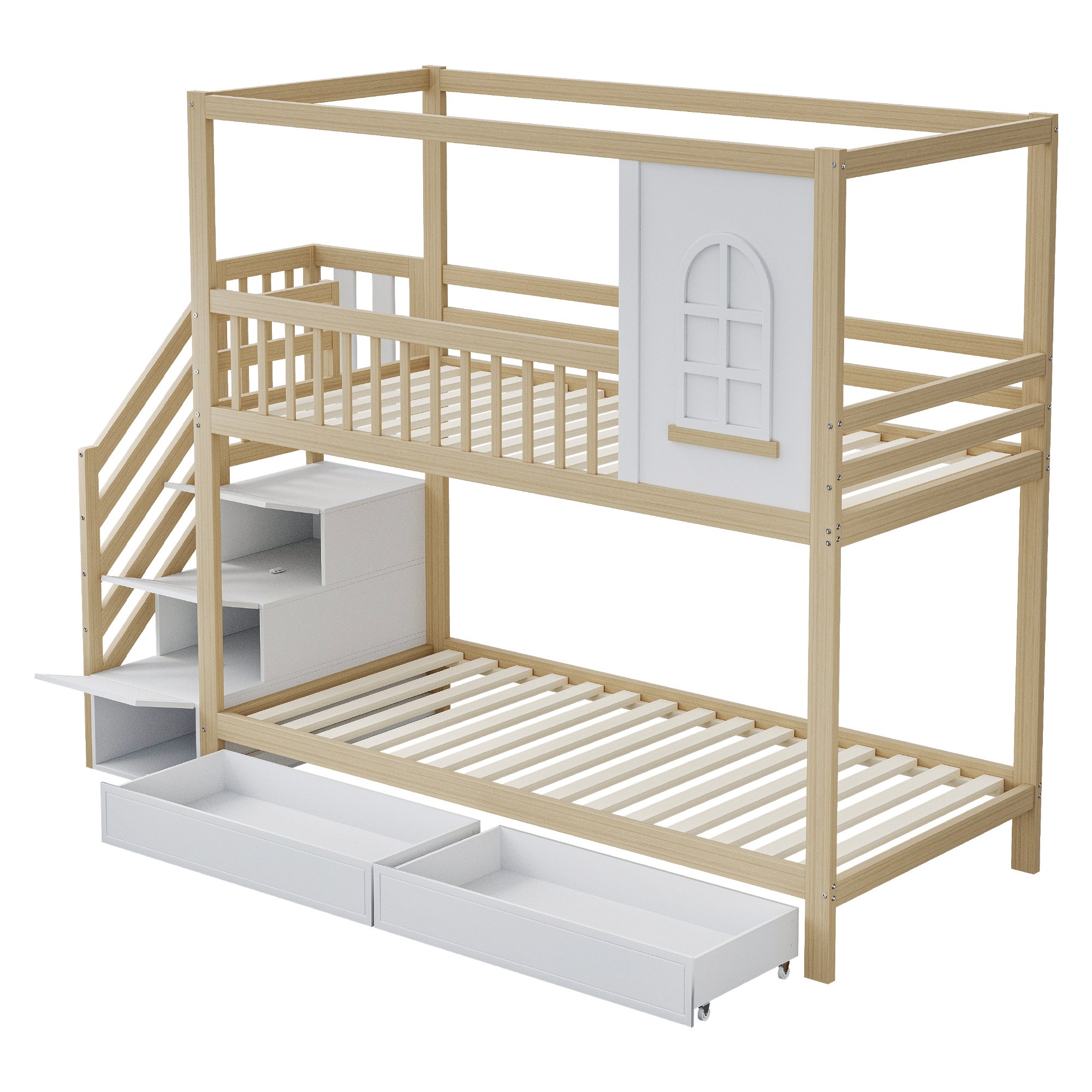 Letto per bambini 90x200cm casa con finestre scala con cassetti barriera sicurezza legno legno naturale (Sem materasso) - 5