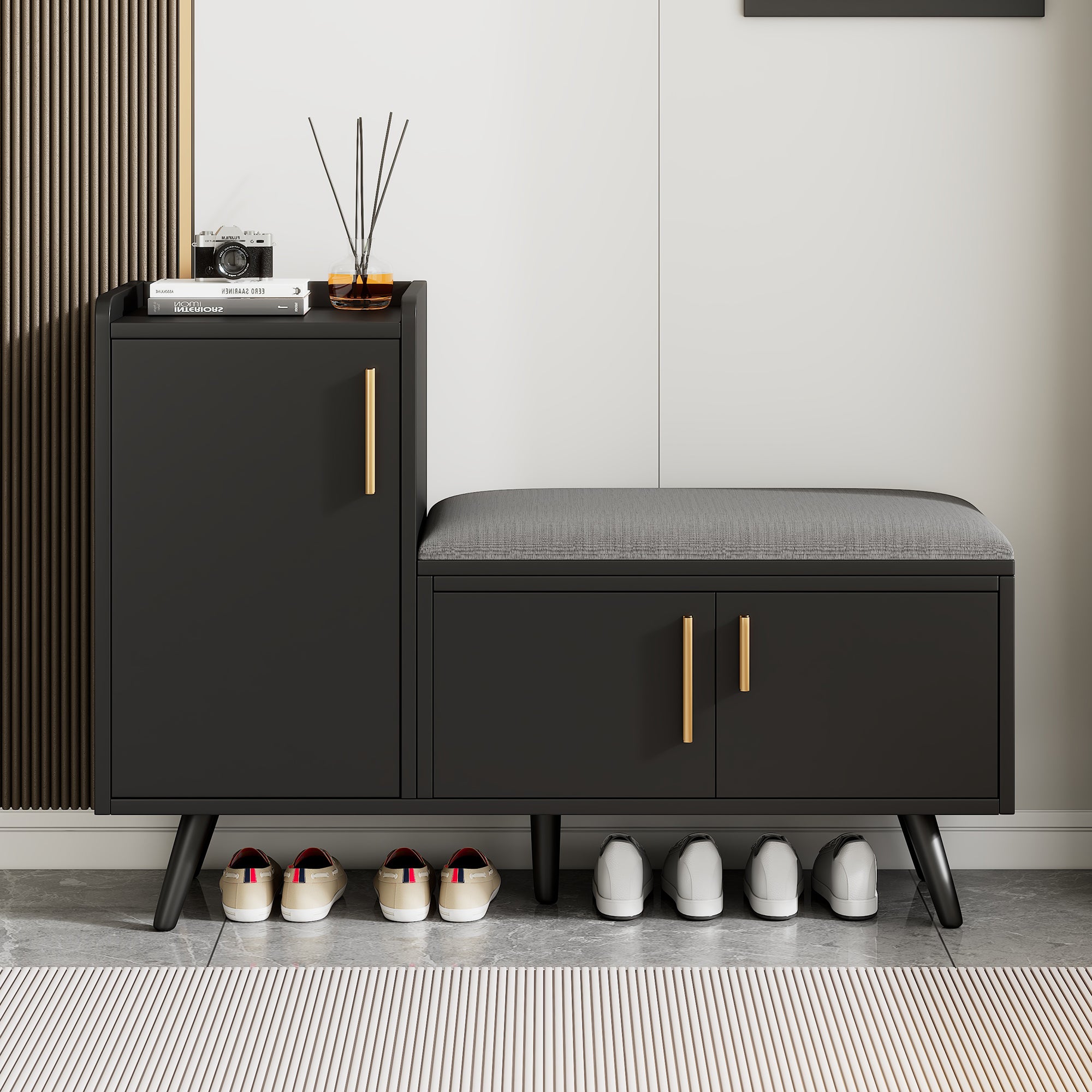 Banc à chaussures moderne avec 3 portes et coussin - pièds et poignées en métal - coloris noir - 100 x 34 x 69 cm - 3