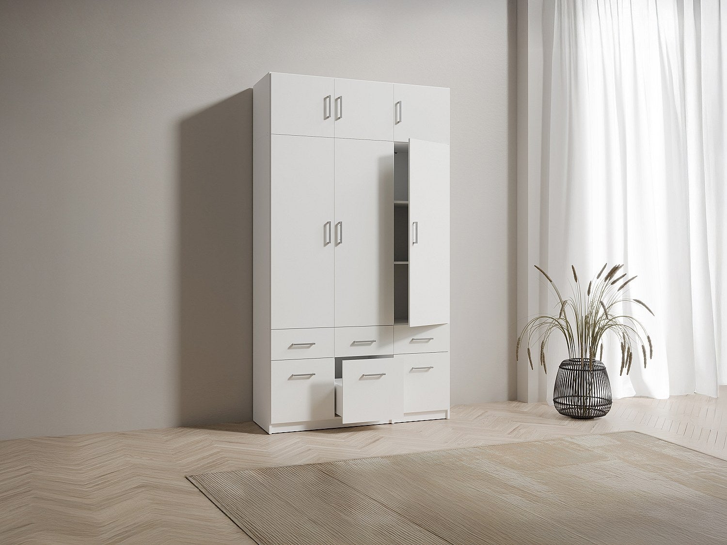 Szafa 3-drzwiowa z 6 szufladami - szer. 136 cm - Biały + Nadstawka - BELOMY