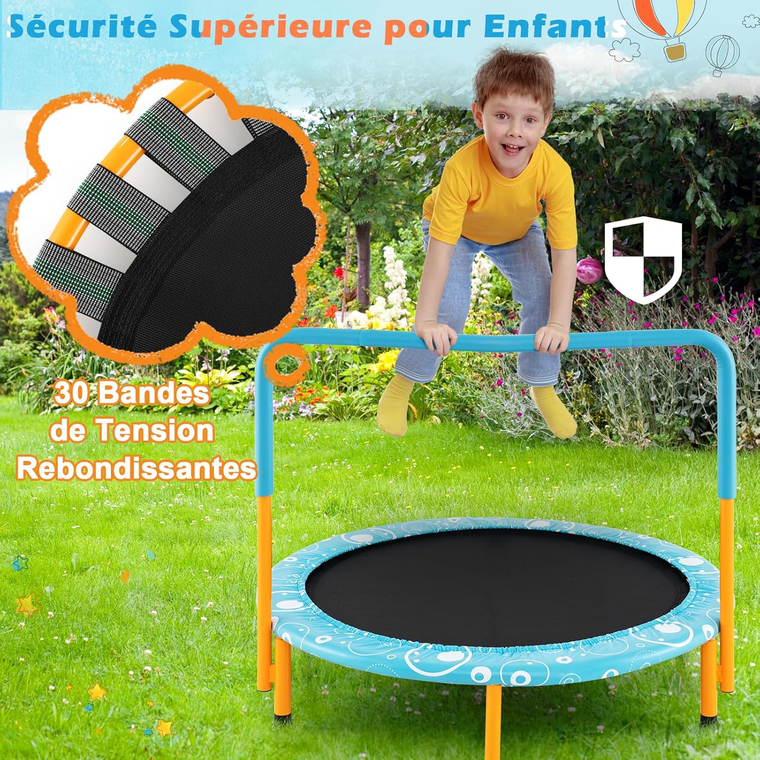 Składana Trampolina Zewnętrzna dla Dzieci z Pokrowcem Zabezpieczającym, Ø 92 cm, Wewnętrzna/Zewnętrzna, Obciążenie 150 kg, Niebieska, Okrągła - 4