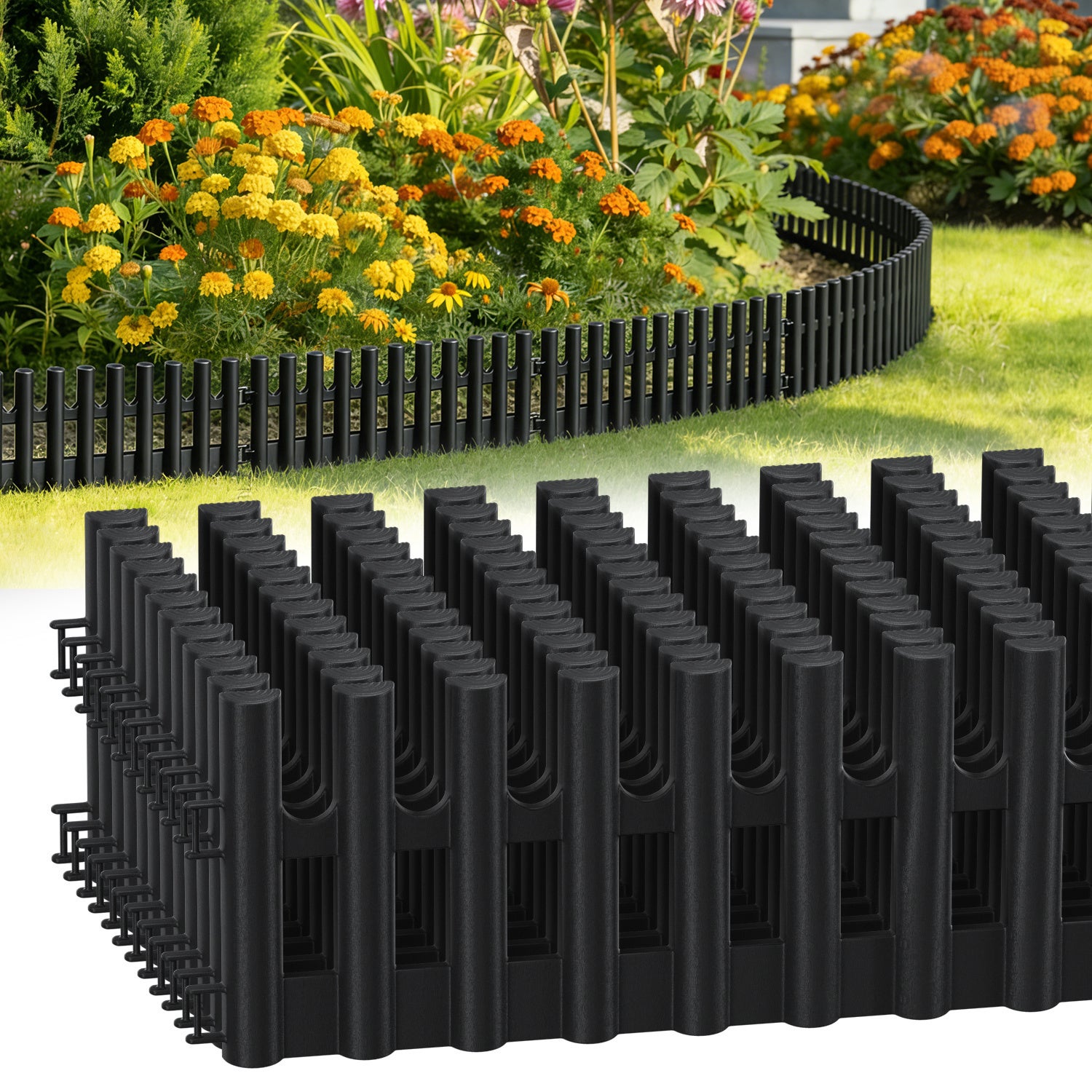 Obramowanie ogrodu 5,2 m – zestaw 12 płyt imitujących kamień 43 x 13 cm – elastyczne ogrodzenie rabatowe – antracyt – z 24 kołkami 20 cm