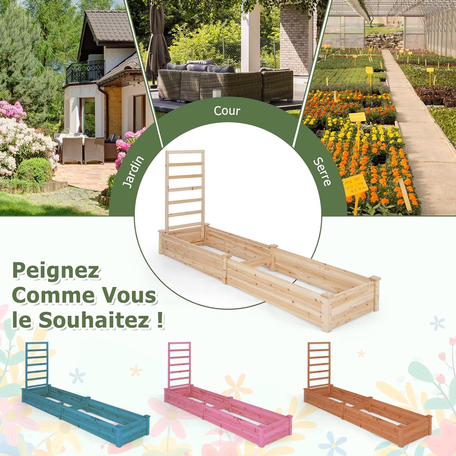 Jardinière Surélevée avec 1 Treillis, Bac à Fleurs Extérieur en Bois avec Compartiments Divisés, Assemblage DIY - 6