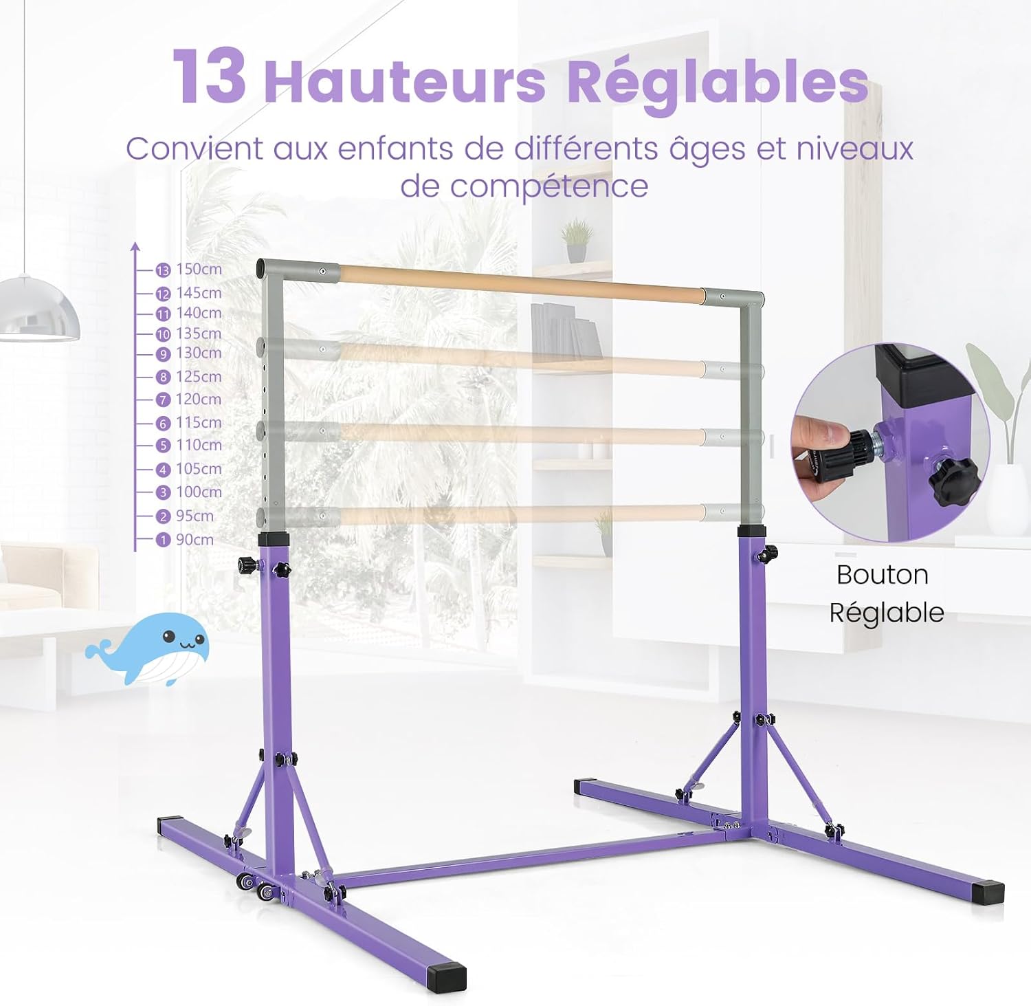 Barre de Gymnastique Pliable pour Enfants avec 13 Hauteurs Réglables (90-150cm), Barre d'Entraînement Extensible (Violet) - 6