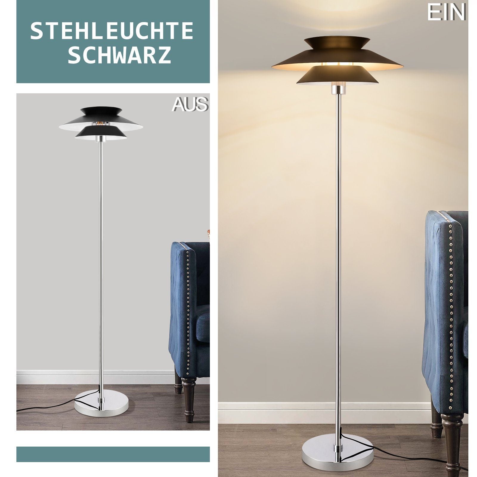 ZMH Czarna lampa podłogowa E27, lampa podłogowa z jednym płomieniem i przełącznikiem nożnym, metalowa - 6