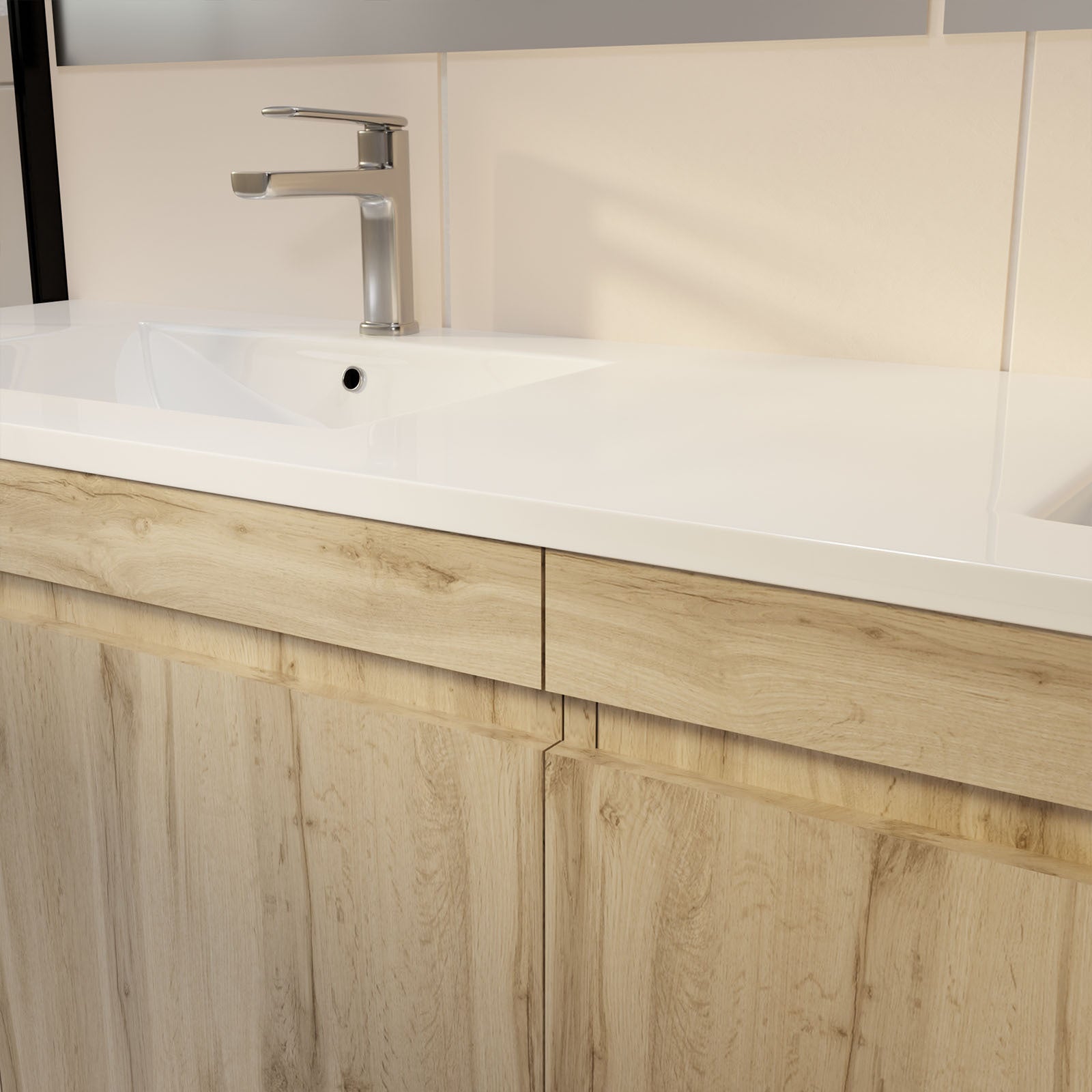 Meuble de salle de bains 120cm 4 Portes_Chêne Naturel + Vasque céramique blanche - TIMBER 120 - 8