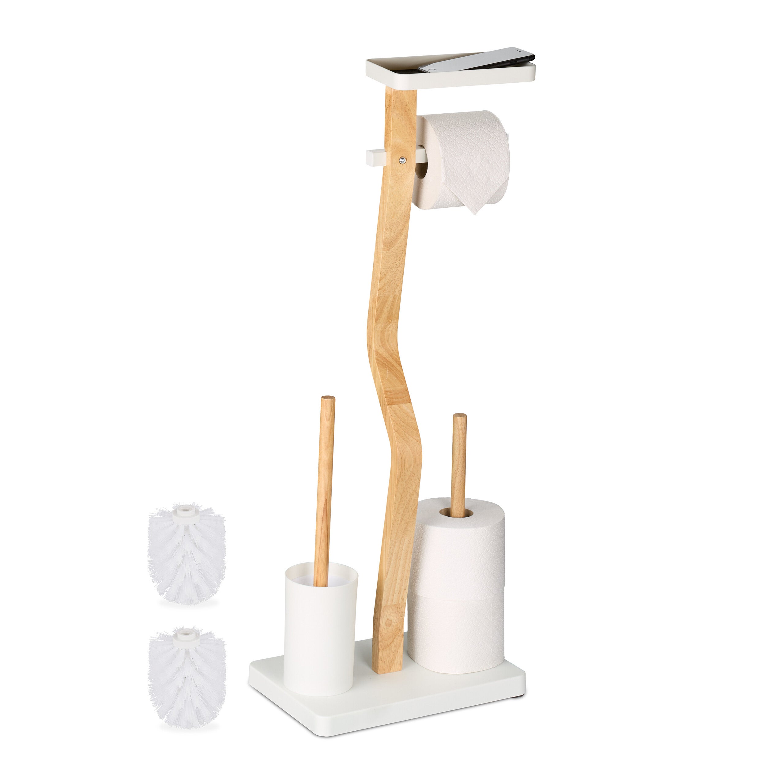 Relaxdays Serviteur WC Non Fixe, Support Téléphone, H X L X P : 80,5 X 23 X 18 Cm, Pour Salle De Bain, Blanc Et Nature