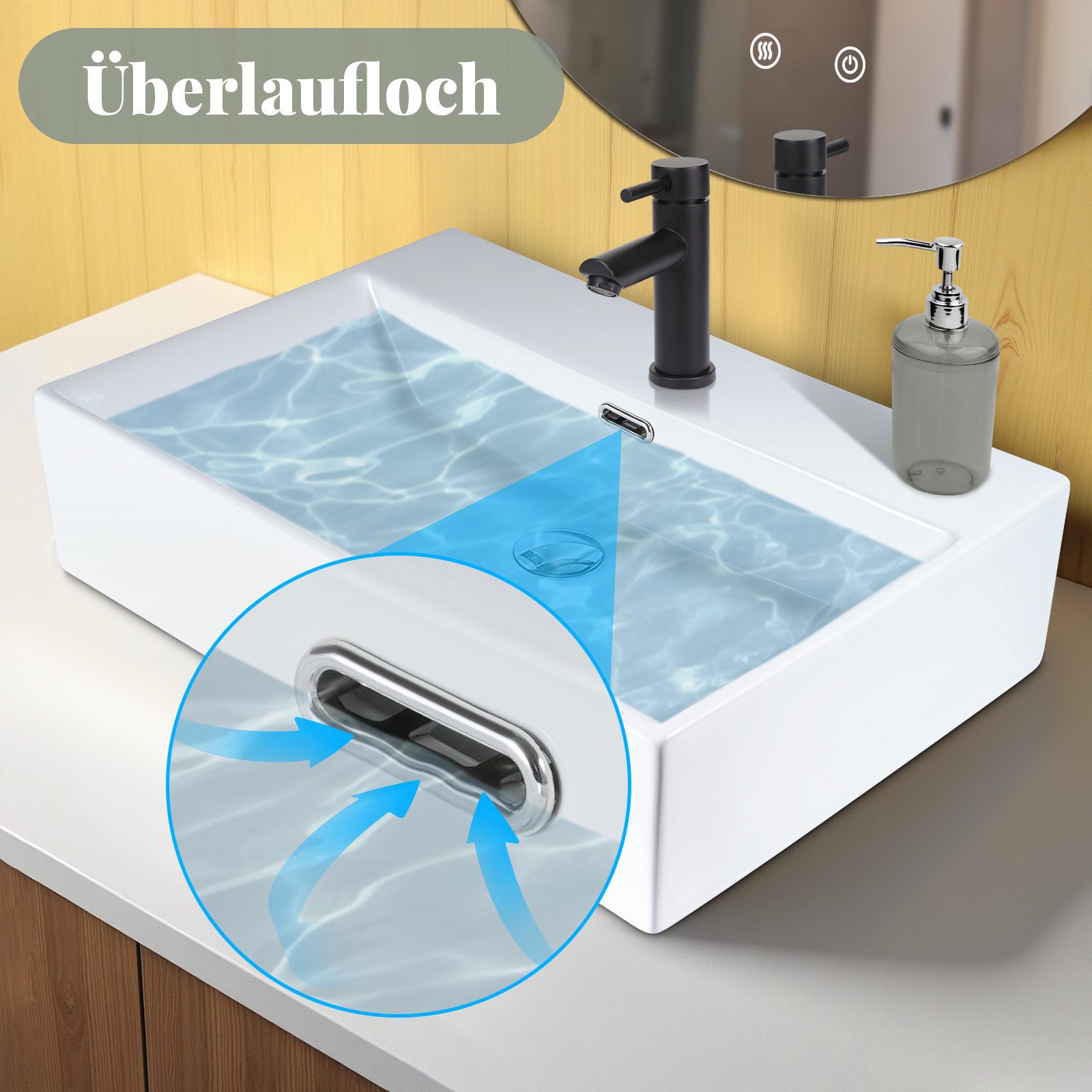 Lavabo da appoggio NETTLIFE, lavabo da bagno in ceramica bianca - Lavabo quadrato 60*42 cm - 3