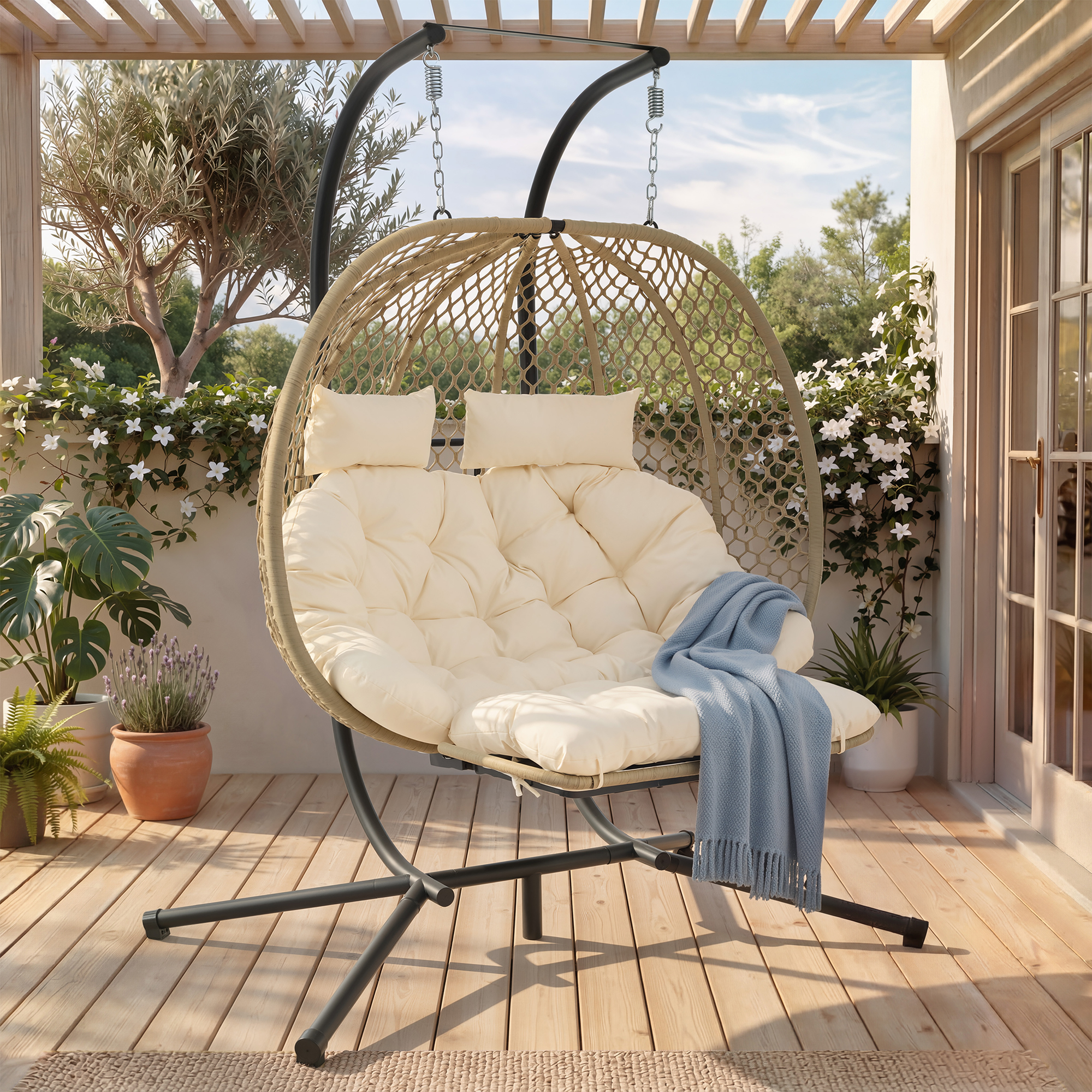 Fauteuil Oeuf Suspendu Double avec Support - Balancelle de Jardin avec Repose-pieds Réglable, Coussin Épais et Appuie-têtes - Beige - 4